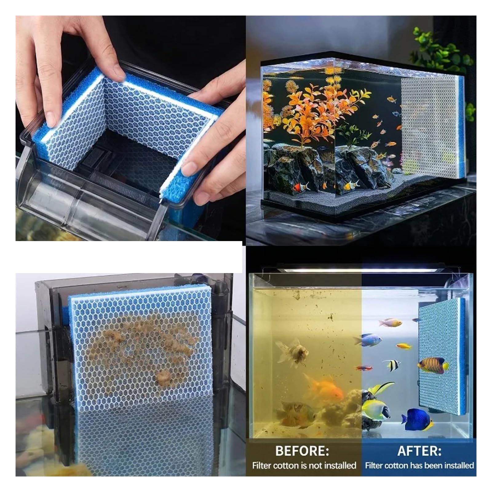Filtro De Acuario De Algodón 8D, Sin Pegamento, Esponja De Purificación De Agua, Lavable, Espuma De Filtración For Peceras, Estera De Malla De Nido De Abeja Reutilizable(M,3PCS)