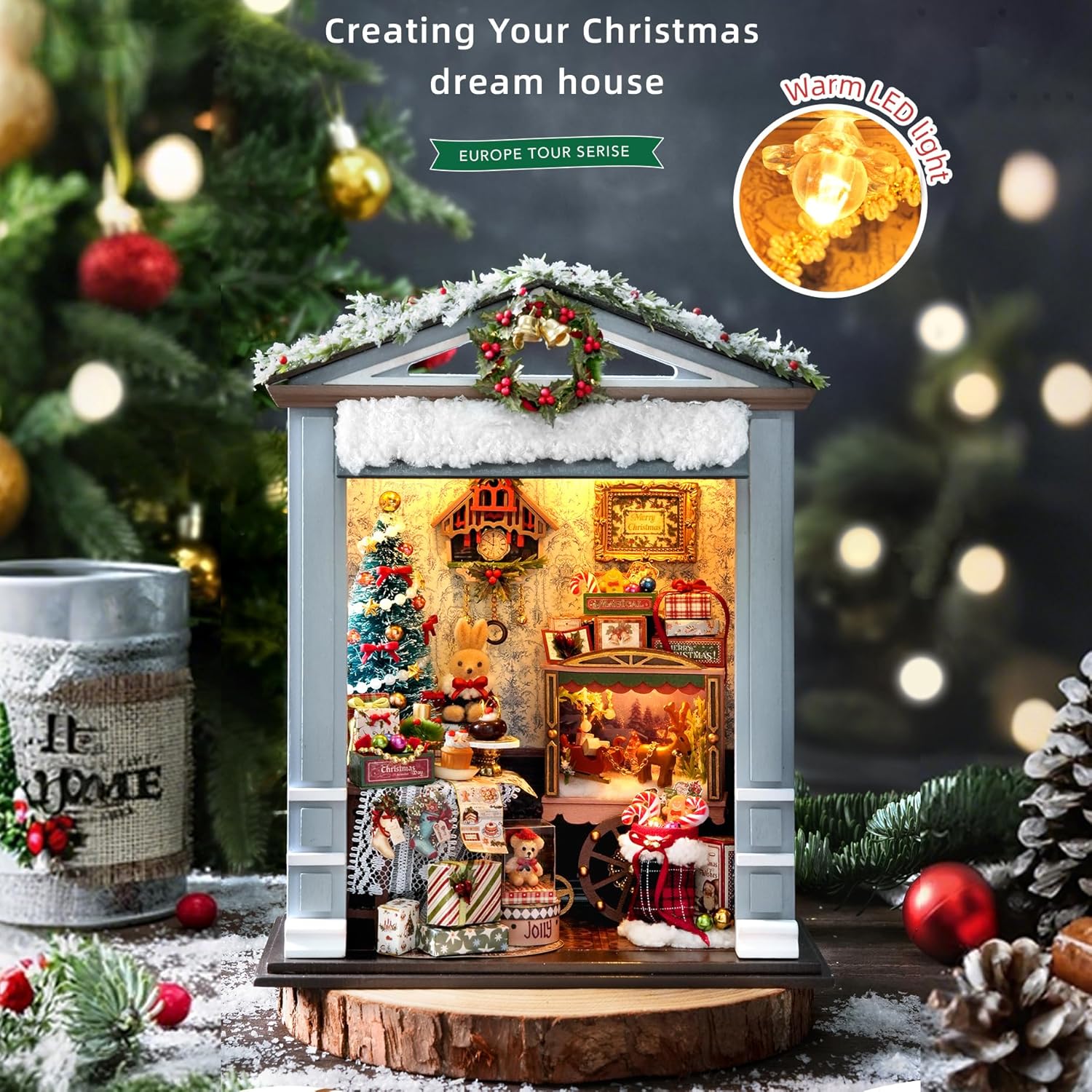 CUTEROOM DIY Miniature House Building Kit for Adults with LED Lights - Realistic Mini Dollhouse Model & Wooden Furniture, Creative Craft Kit for Home Decor Gift- Joyful Gatherings