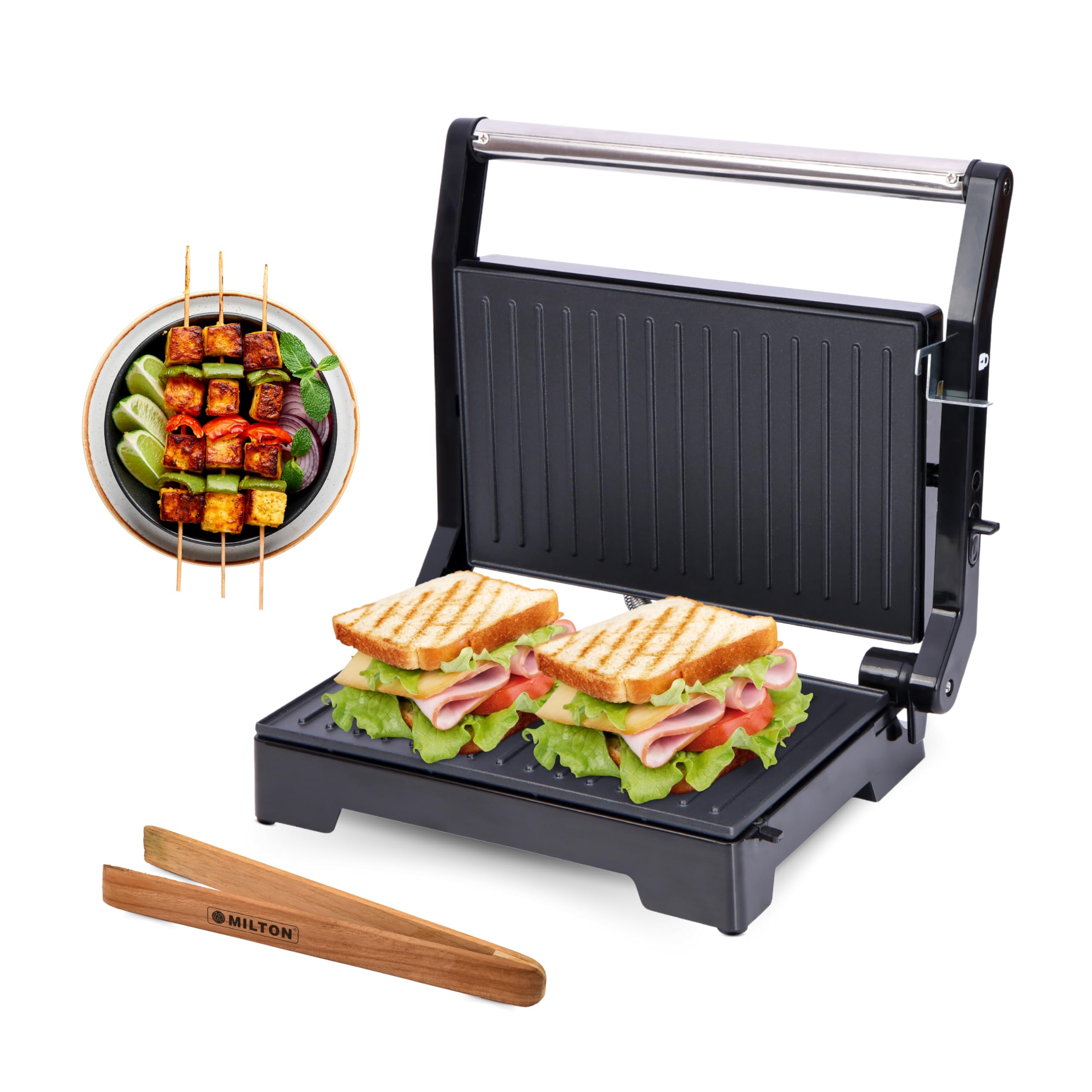 Milton Premium 800 Watt 180° Electric Grill Sandwich Maker | Auto Cut-Off | Cool Stainless steel Uni Touch Body | Non-Stick | Non Toxic BPA, PTFE Free | 1 Year Warranty - Griller + Wooden Tongs (B0D25XSVP5) Amazon Price History, Amazon Price Tracker