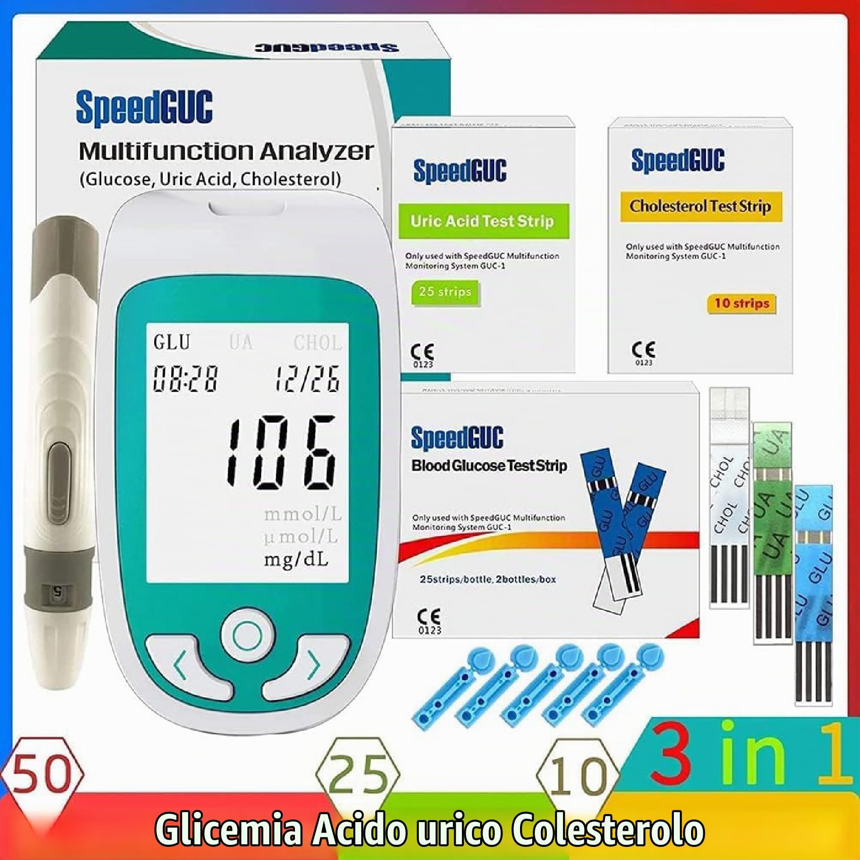 Kit test per il benessere domestico 3 in 1, monitor per il colesterolo dell'acido urico nel glucosio, 50 strisce reattive per la glicemia + 25 per l'acido urico + 10 per il colesterolo
