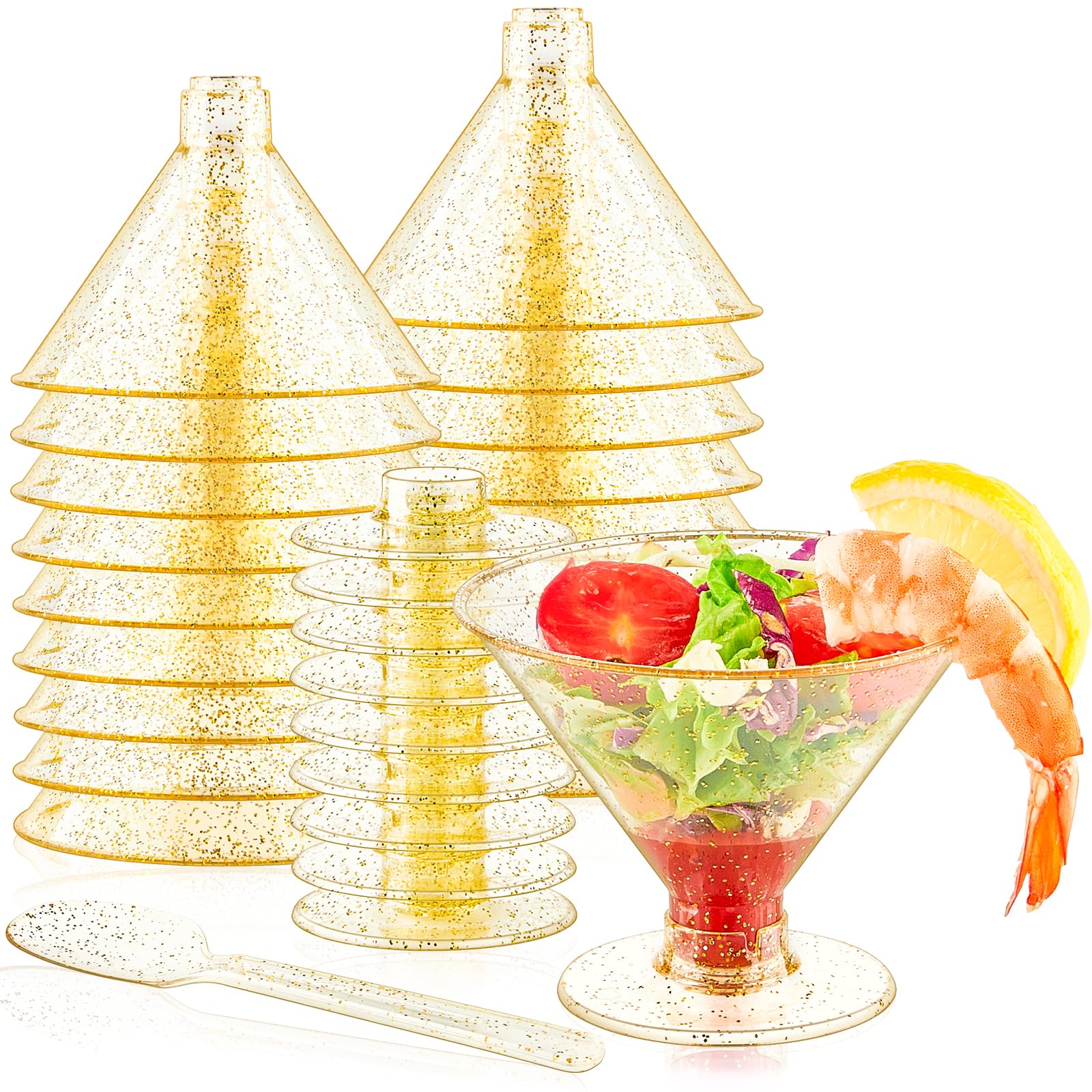 Qeirudu40 Pack Gold Glitter Plastic Martini Glasses, 5 oz Unbreakable Cocktail Glasses Party Shooter Cups with Spoons for Desserts, Shrimp Cocktails, Martini, Margarita