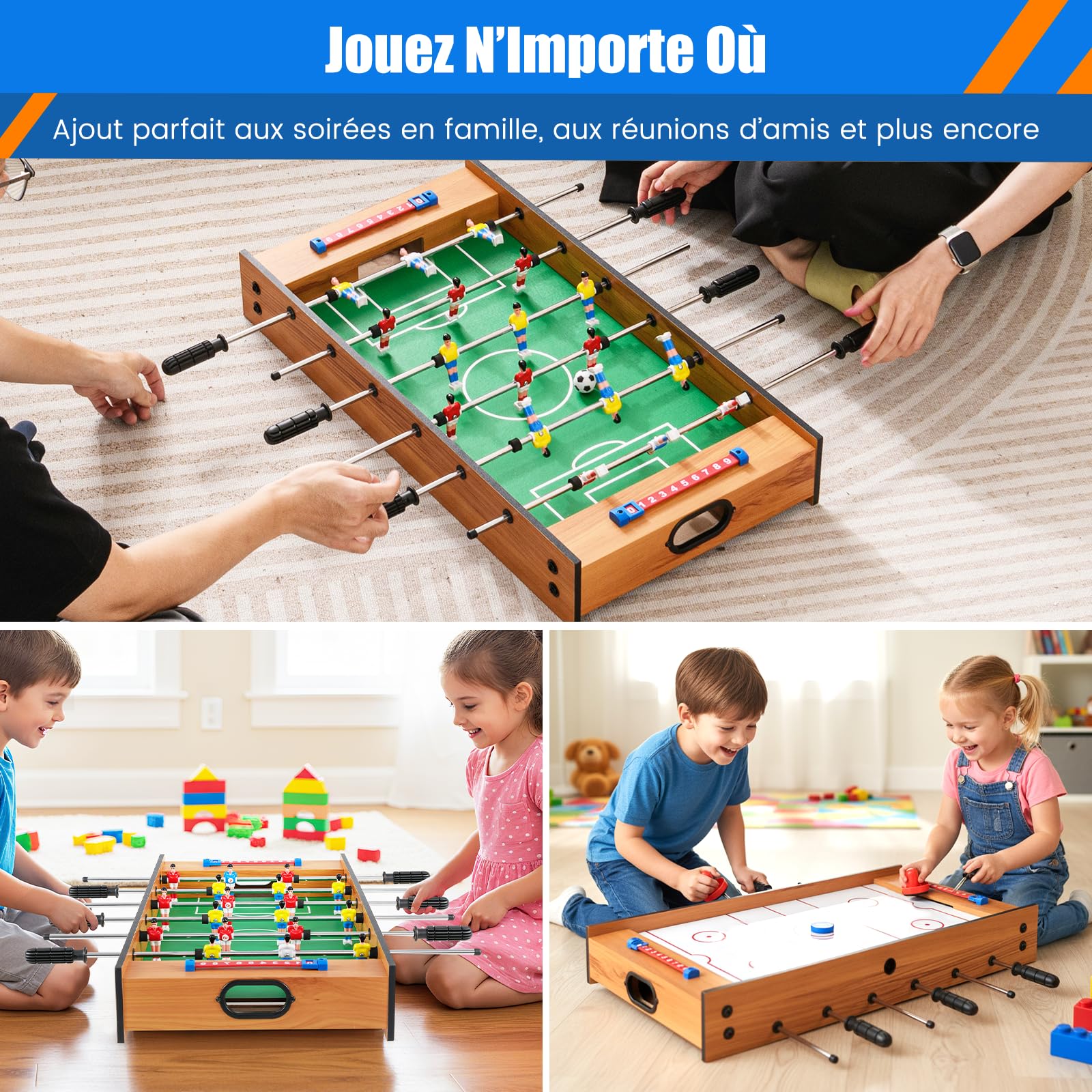 COSTWAY 2 en 1 Baby-Foot en Bois avec Air Hockey & 18 Joueurs, Table de Jeu avec Poignée Antidérapante & 2 Ballons & 2 Palets & 2 Poussoirs, Jouet d'Arcade pour Fête Bar Salle de Jeux