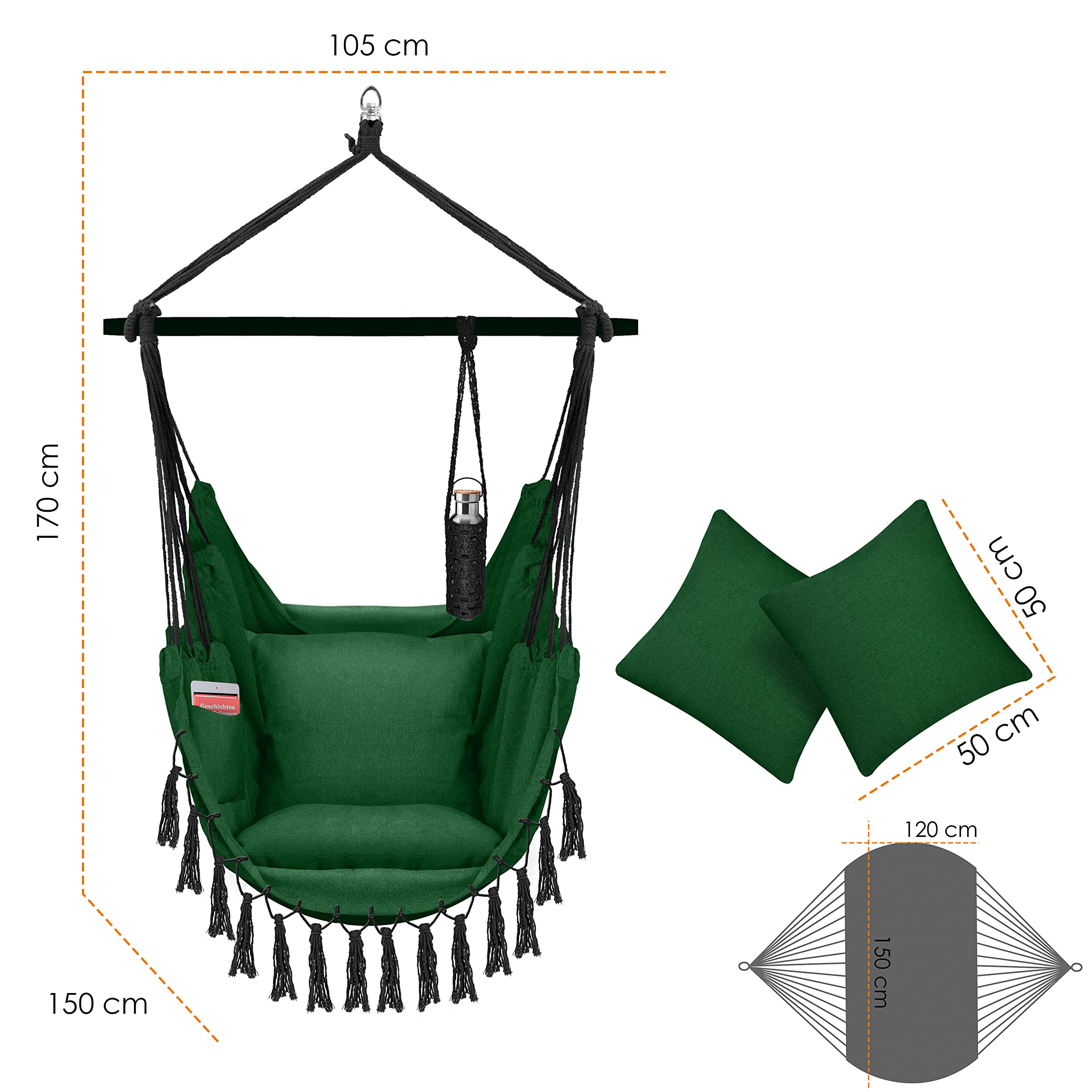 KESSER® Poltrona sospesa con 2 cuscini Portabevande e scomparto per libri - Sedia sospesa Safari XXL per adulti e bambini, Amaca con capacità di carico fino a 150 kg, interni ed esterni