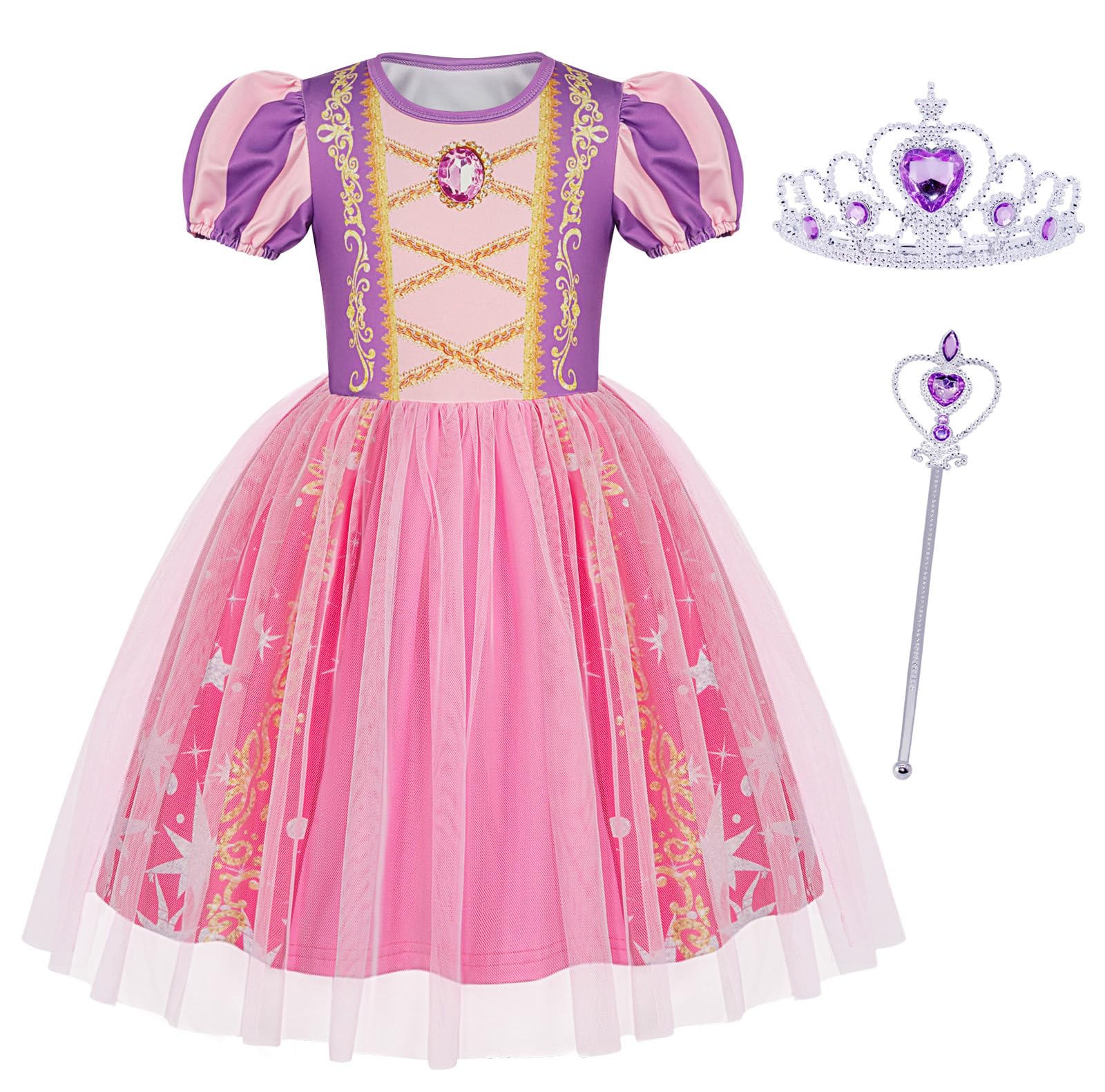 Berich Purple Dress for Girls with Crown Princess Costumes for Girls Halloween Outfits Christmas Gifts World Book Day Dress up Princess Costume 9-10 Years(Purple,150)