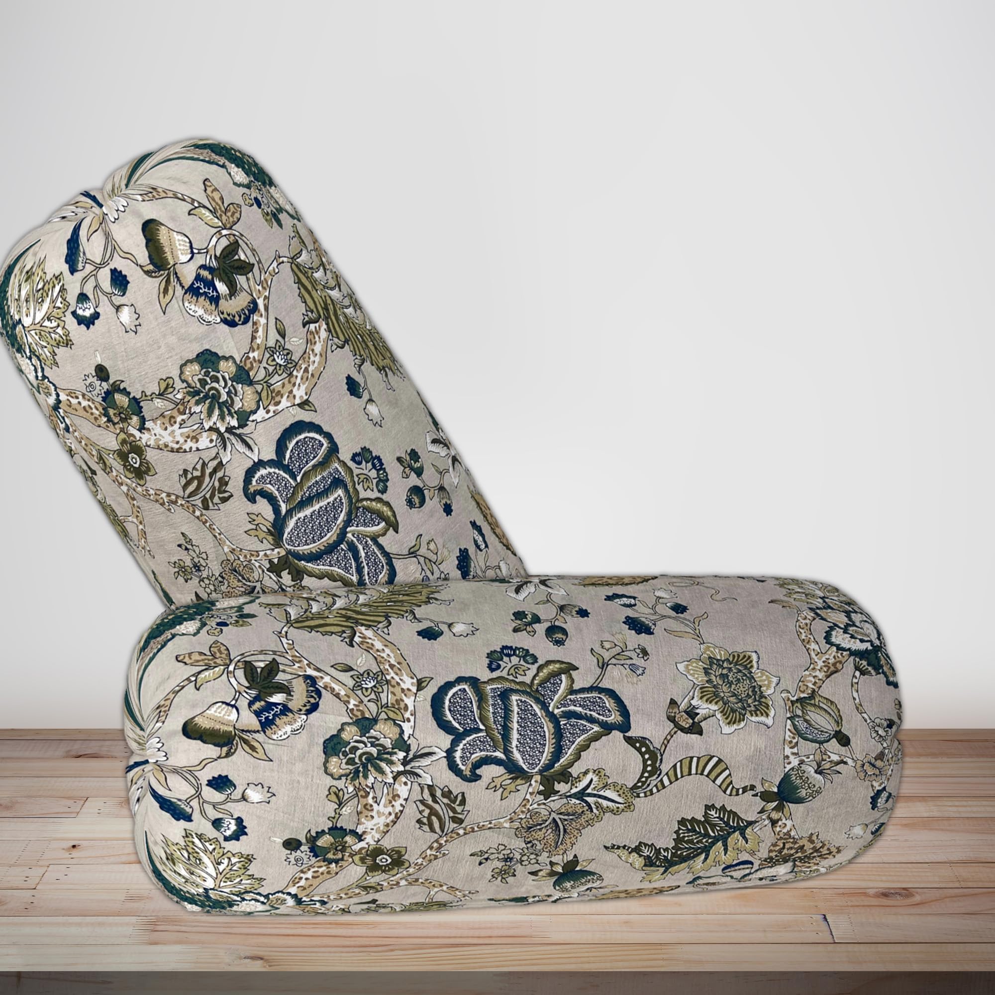 Trance Home Linen Floral 100% Cotton Bolster Cover Set 16x32 Inches 144TC Dewan Round Pillow Covers Only Bed Side Long Pillow Case Soft & Comes with Adjustable tie (Malhaar Blue Grey- Set of 2)