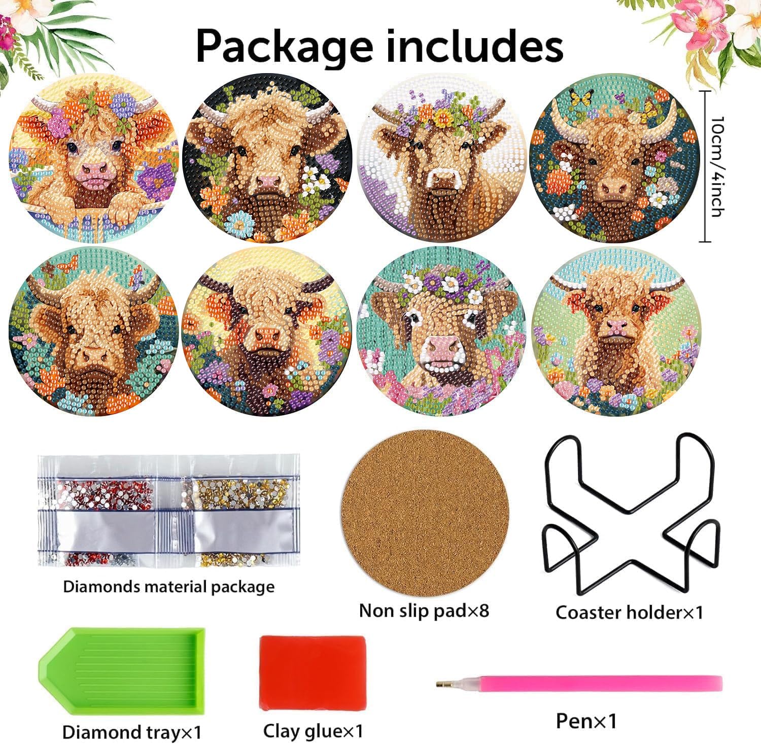 mrpwnle 8 Stück Highland Cow Diamond Art Untersetzer Kits für Erwachsene Anfänger