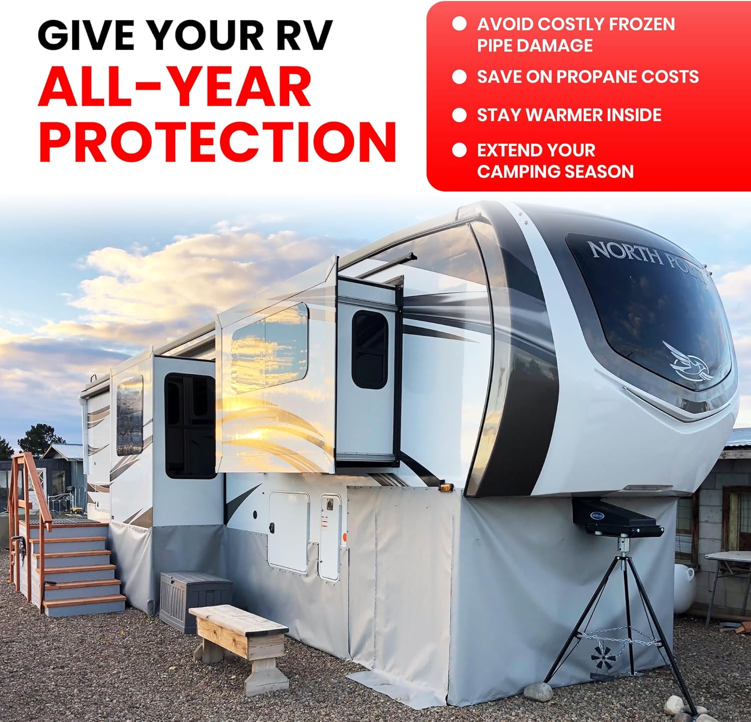 EZ Snap RV Skirting Kit for 31-35 Ft Long, Tall Travel Trailer – Camper Skirting Kit, No-Drill Combo Studs, Grey Snap Fasteners, RV Skirt for Winter, 1 Slide Out, Quick & Easy to Install