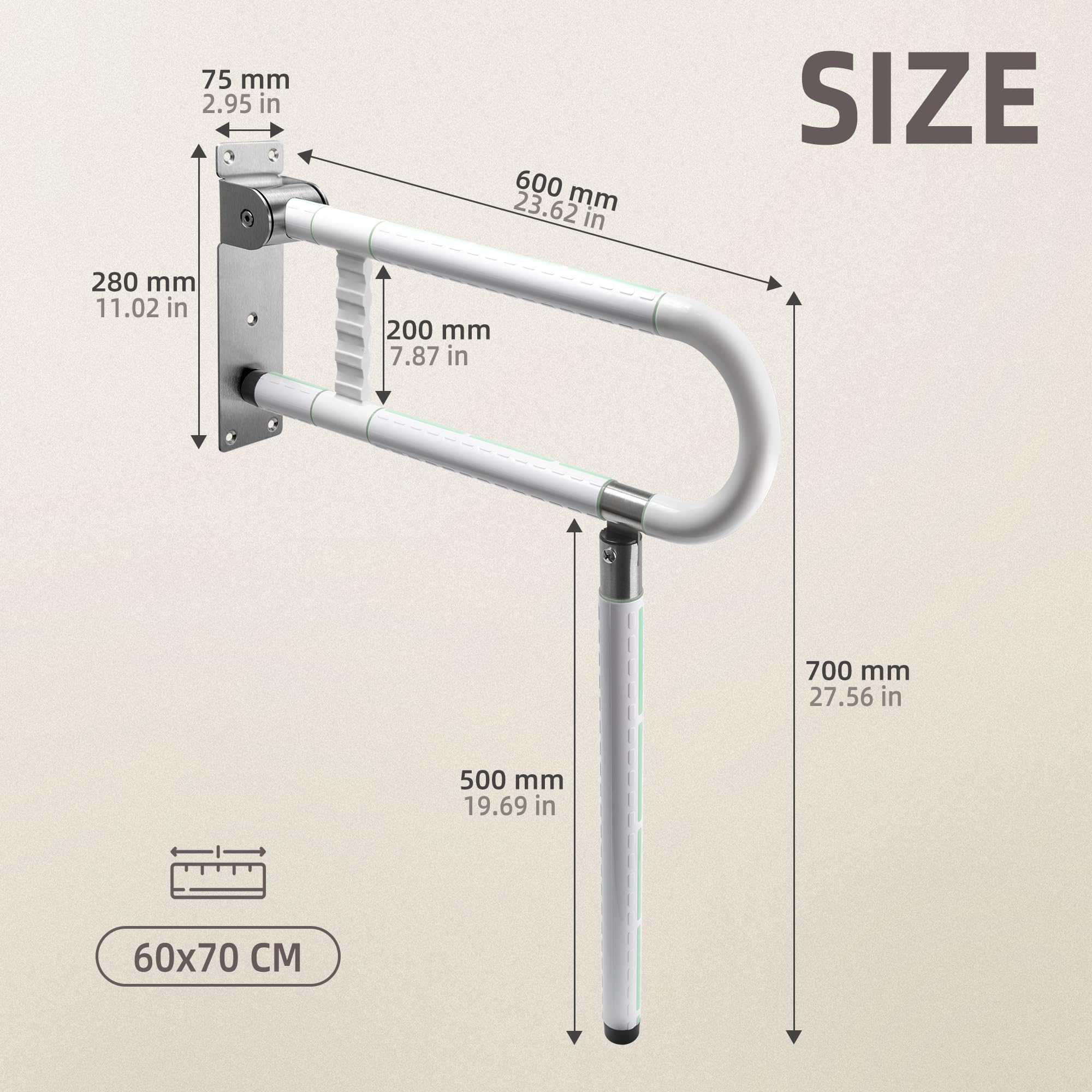 ITSOGOO Barra Abatible Baño Minusválido 60x70cm Agarrador Ducha Personas Mayores,Acero Inoxidable,Asidero de Seguridad para Baño,Soporta Hasta 300kg Blanco
