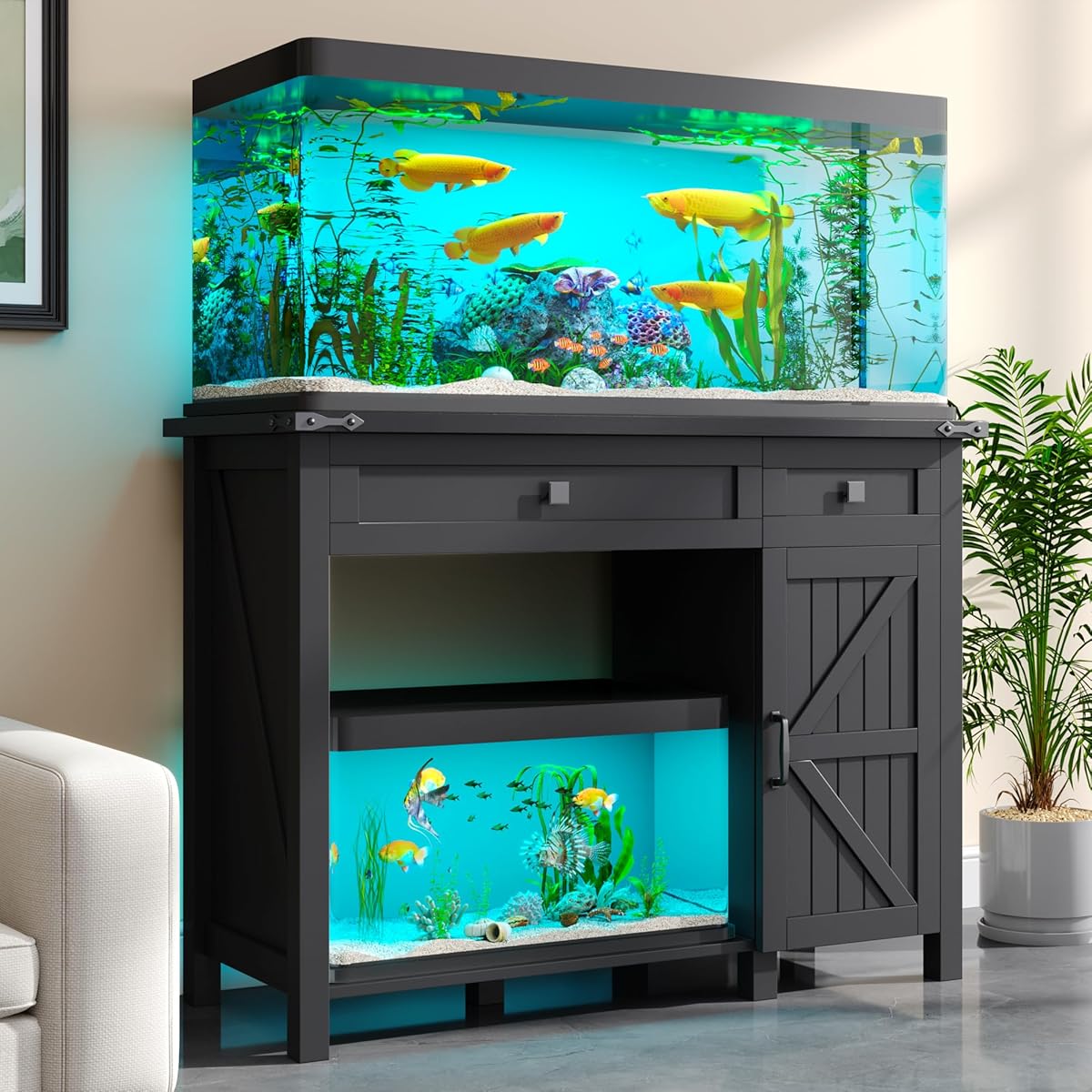 kepptory 40 Gallon Fish Tank Stand with Power Outlets, Farmhouse Decorative Aquarium Stand Furniture with Adjustable Shelves and Storage Drawer, 30-40 Gallon Reptile Turtle Tank Stand(Black, 30-40GL)