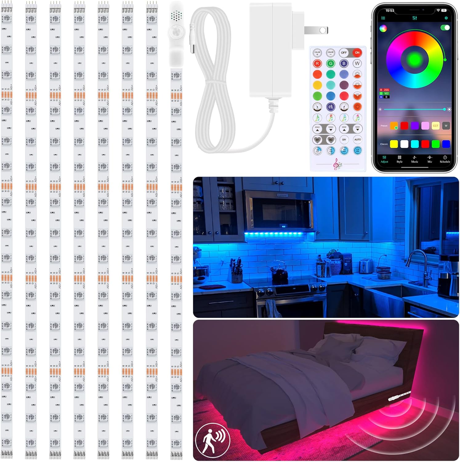 maylit 8 PCS Motion Sensor RGB Under Lights Kit, App and Remote Control Led Strip Lights