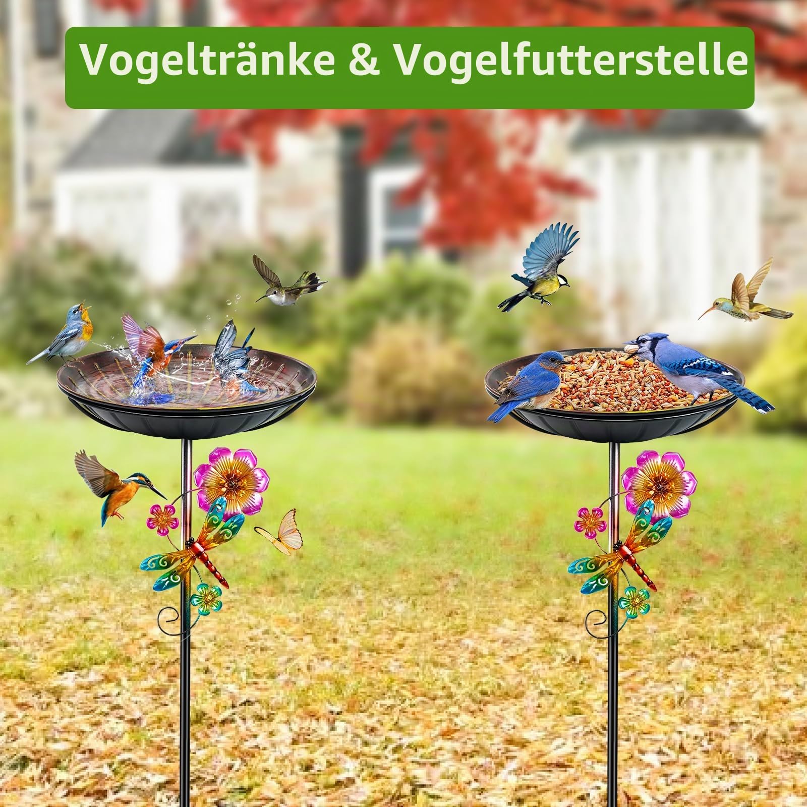 Vogeltränke Stehend 96cm, Vogelbad für Draußen Garten, Metall Futter Schale mit Stabiler 5-Zinken-Basis, Wassertränke für Vögel Vogeltränke Groß Winterfest Frostsicher (Antike Rot-Gelb)