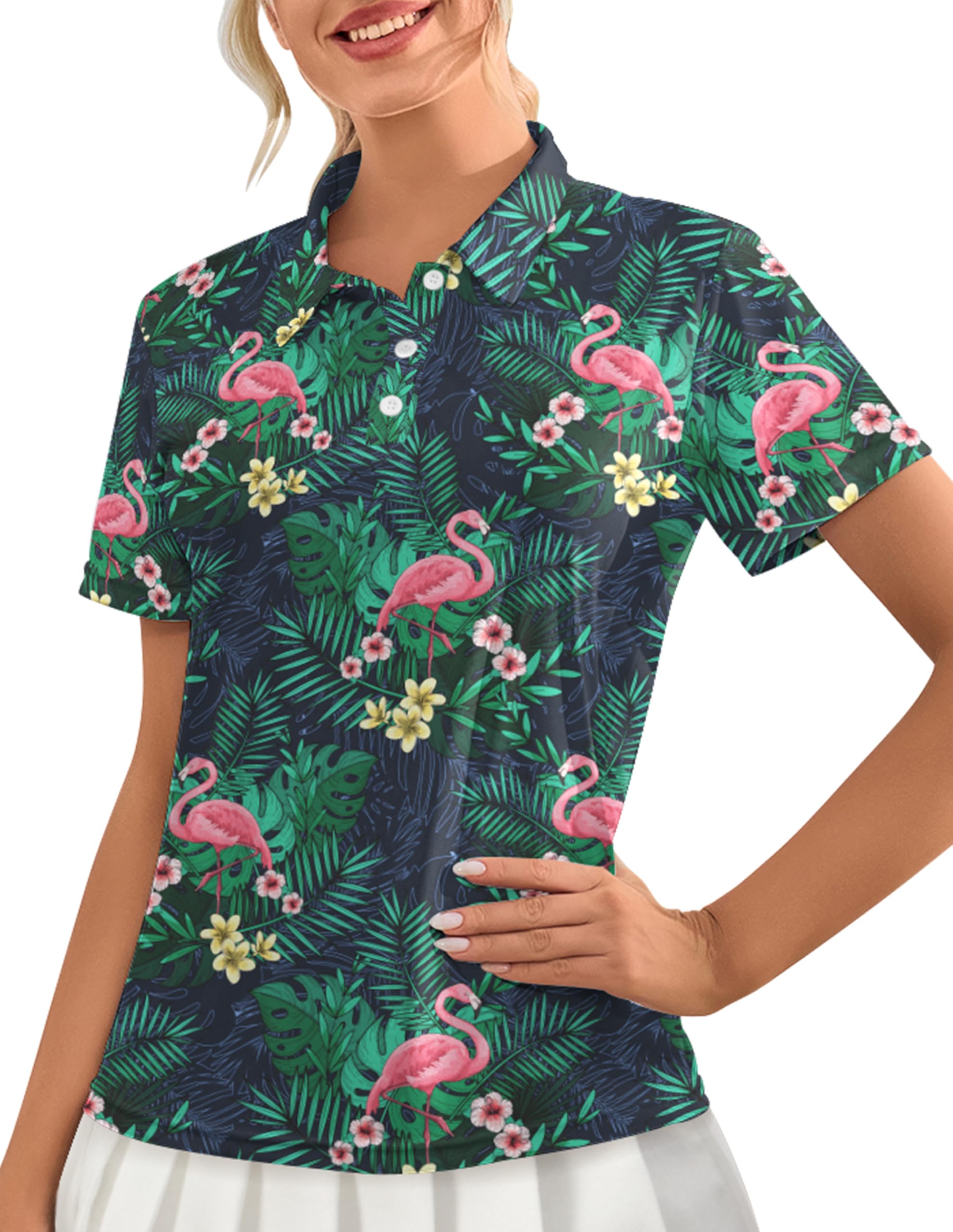 heibaosi Flamingo Golf Shirts for Women Moisture Wicking Golf Polo Shirts Quick Dry Short Sleeve for Women Polo Shirts