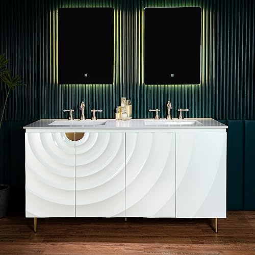 WOODBRIDGE 60"x22" Bathroom Vanity with Double Ceramic Undermount Sinks, White Engineered Stone Top,3D Wave Pattern Cabinet Doors, Sleek Thin Legs,Glossy White Finish for a Clean, Modern Look