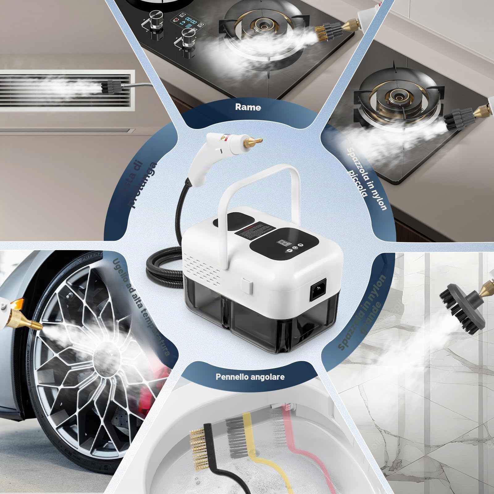 2500W Pulitore a Vapore Portatile, 9 Velocità Regolabili, con 9 Accessori, 1,2L Grande Serbatoio Steam Cleaner, per Cucina Bagno Patio Piastrelle Fughe Pavimenti (Bianco)