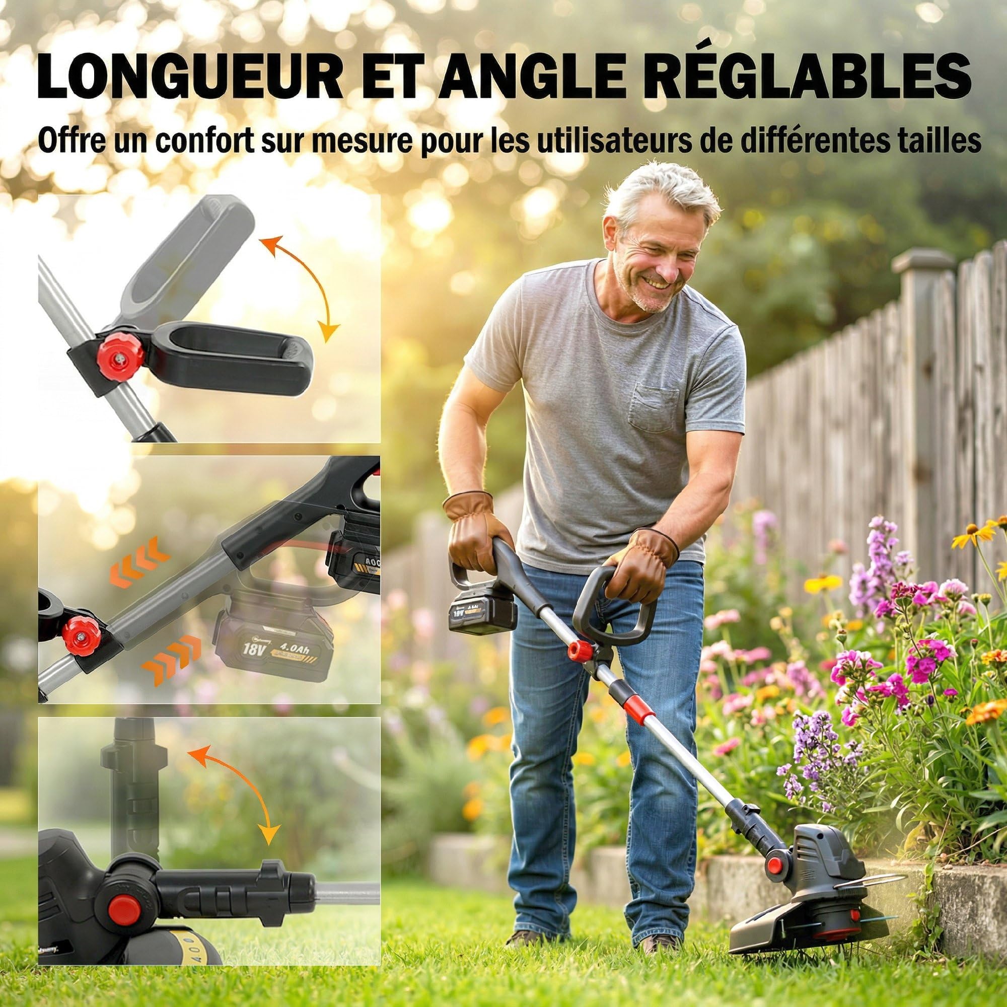 Outsunny Coupe-Bordures sans Fil 18V, 2 Batteries 4,0 Ah, Chargeur, Coupe 25 cm, Manche Télescopique, Carter protège, Tête et Poignée Réglables, Coupe-Bordures Electrique pour Jardin Pelouse, Argent