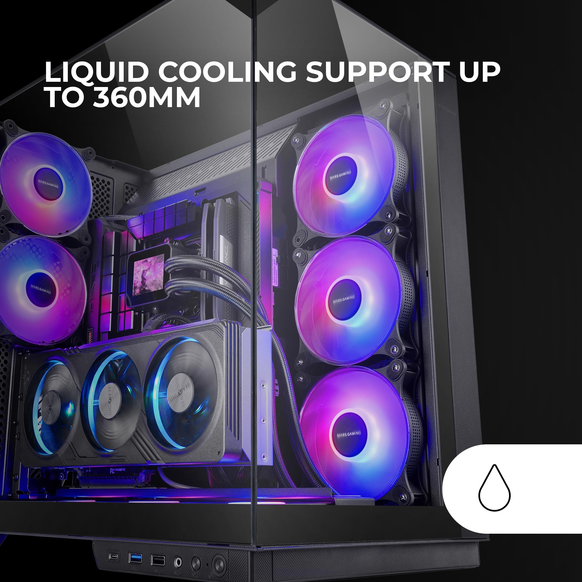 Mars Gaming MC-3GF, Case da Gioco ATX, Triplo Vetro Temperato, 2X Ventole ARGB Posteriori da 120 mm, Supporto verticale per Schede Grafiche, PC Tower Raffreddamento a Liquido fino a 360 mm, Nero