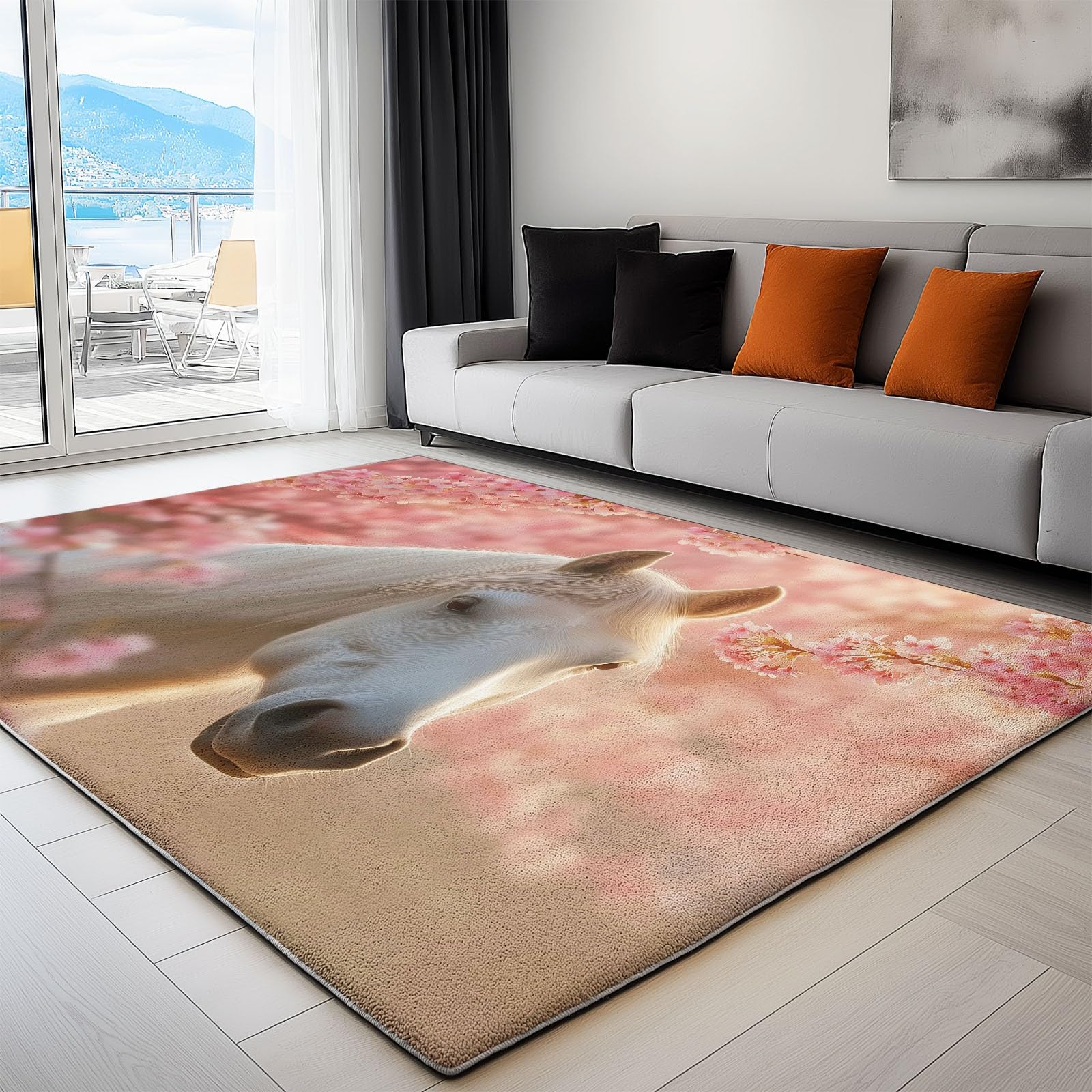 Générique Tapis Salon Cheval Blanc Animal Fleurs De Cerisier 80x150 cm Tapis Chambre Moderne Tapis de Salon Tapis Antidérapant Poils Ras, Lavable en Machine, Tapis pour Interieur et Exterieur