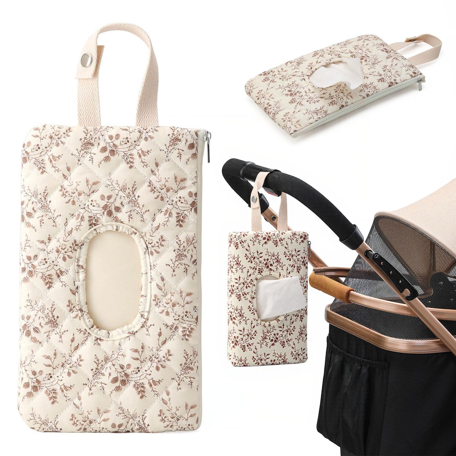 Quilted Baby Wipe Holder, Canvas Floral Quilted Pouch with Hanging Strap, Portable Diaper Wipe Holder for Travel Stroller-Beige