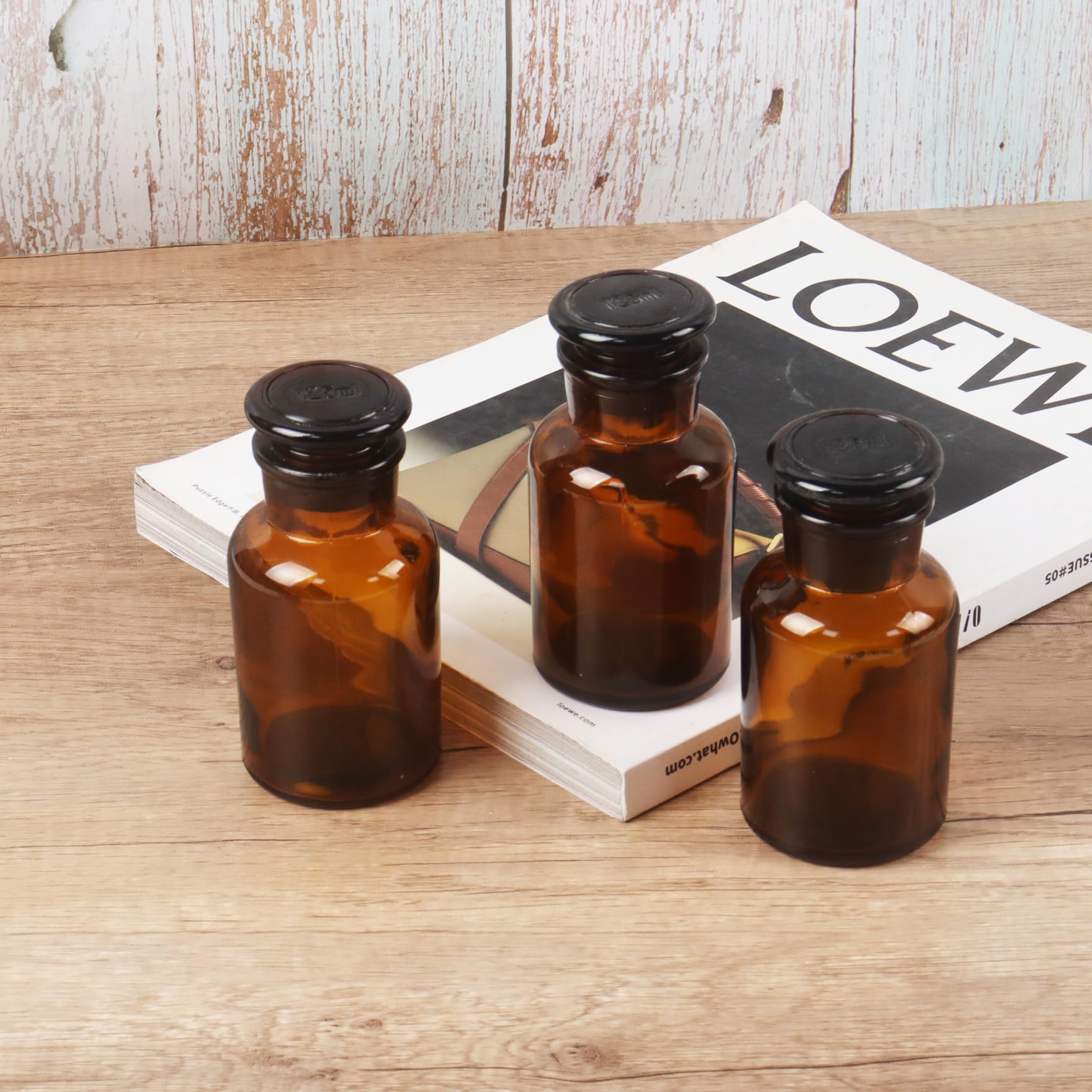 Klmnop 3 botellas de reactivo de vidrio de laboratorio de 125 ml, botella ámbar de boca ancha con tapón de tierra para laboratorios, universidades y hogar (ámbar)