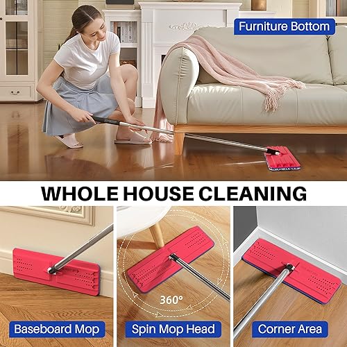 Miniatura 4 de JOYMOOP Juego de trapeador y cubo para el hogar, sistema de autolimpieza manos libres, con 3 almohadillas de microfibra reutilizables, adecuado para