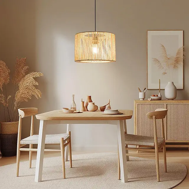 Rattan Hängelampe Pendelleuchte Boho-Design E27 Beige Deckenlampe