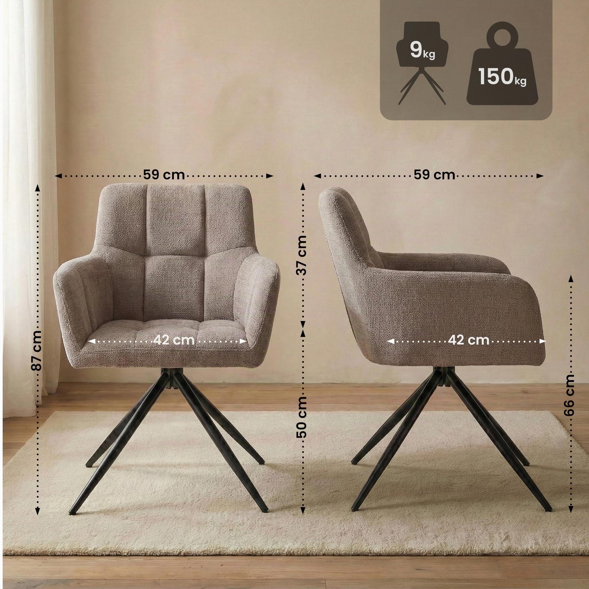 CLP Esszimmerstühle 2er Set, Sessel Jonah drehbar mit Armlehnen, Moderne Drehstühle mit Stoff für Wohnzimmer, bis 150 kg belastbar | Farbe Taupe