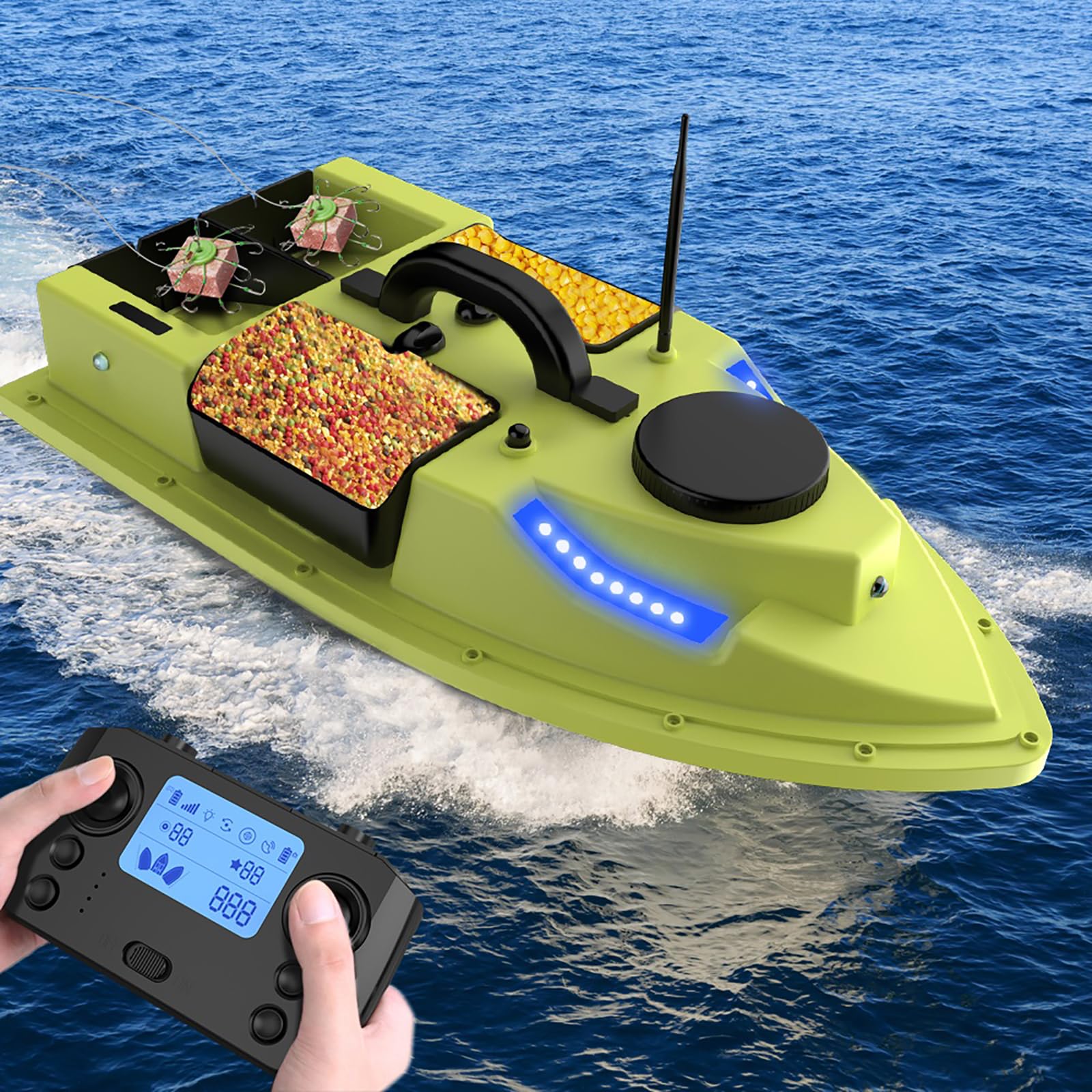 Barca da pesca con esca GPS da 600 m, barca con esca telecomandata senza fili con 4 contenitori per esche e cercatore di pesci da 2 kg, barca con esca automatica con crociera automatica e luce a LED