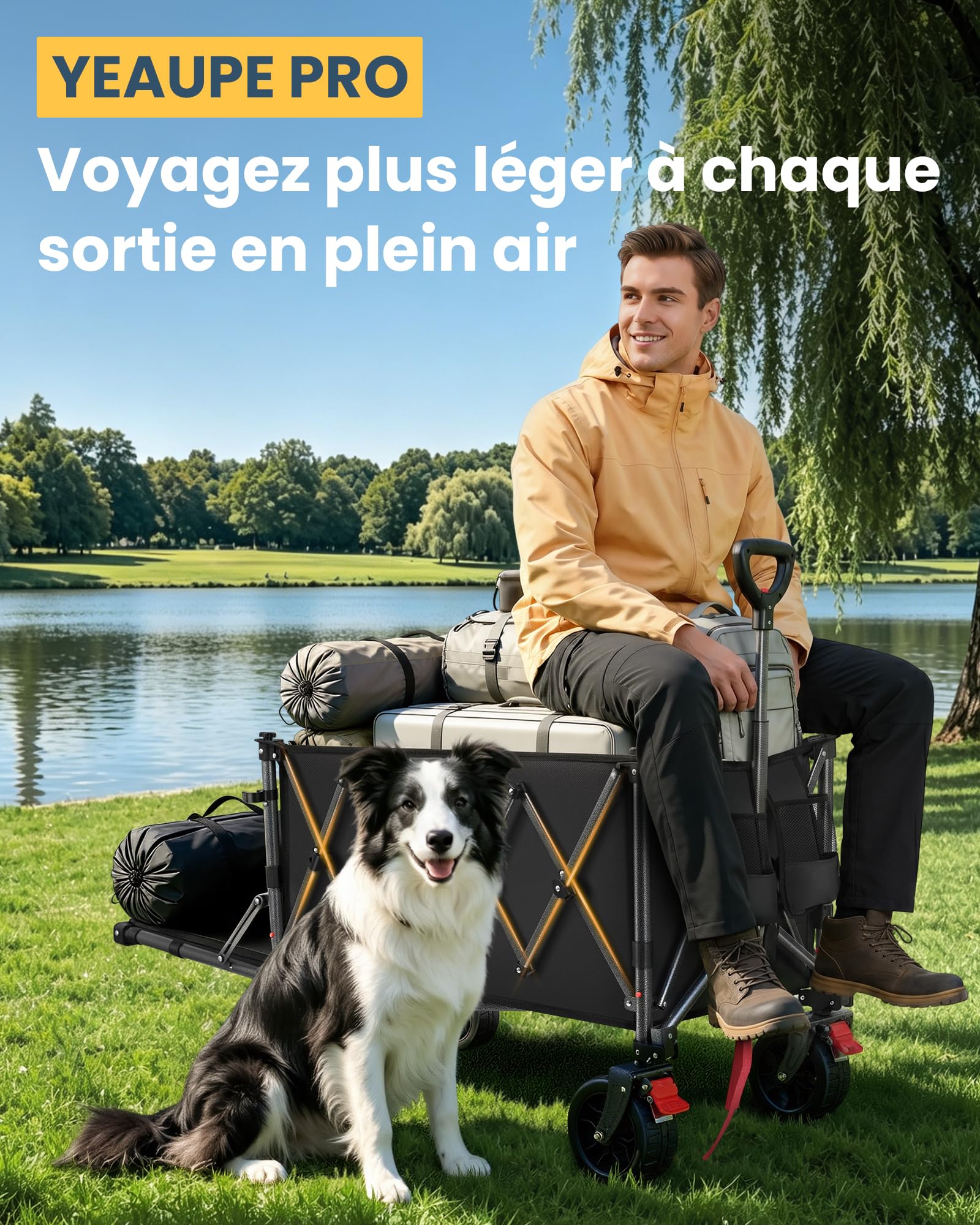 YEAUPE PRO Chariot Pliable 260L 250KG, Chariot de Plage Tout-Terrain Léger 13KG, Roues Large 17cm, Multifonction pour Jardin, Courses, Plage, Pique-Nique & Activités Extérieures