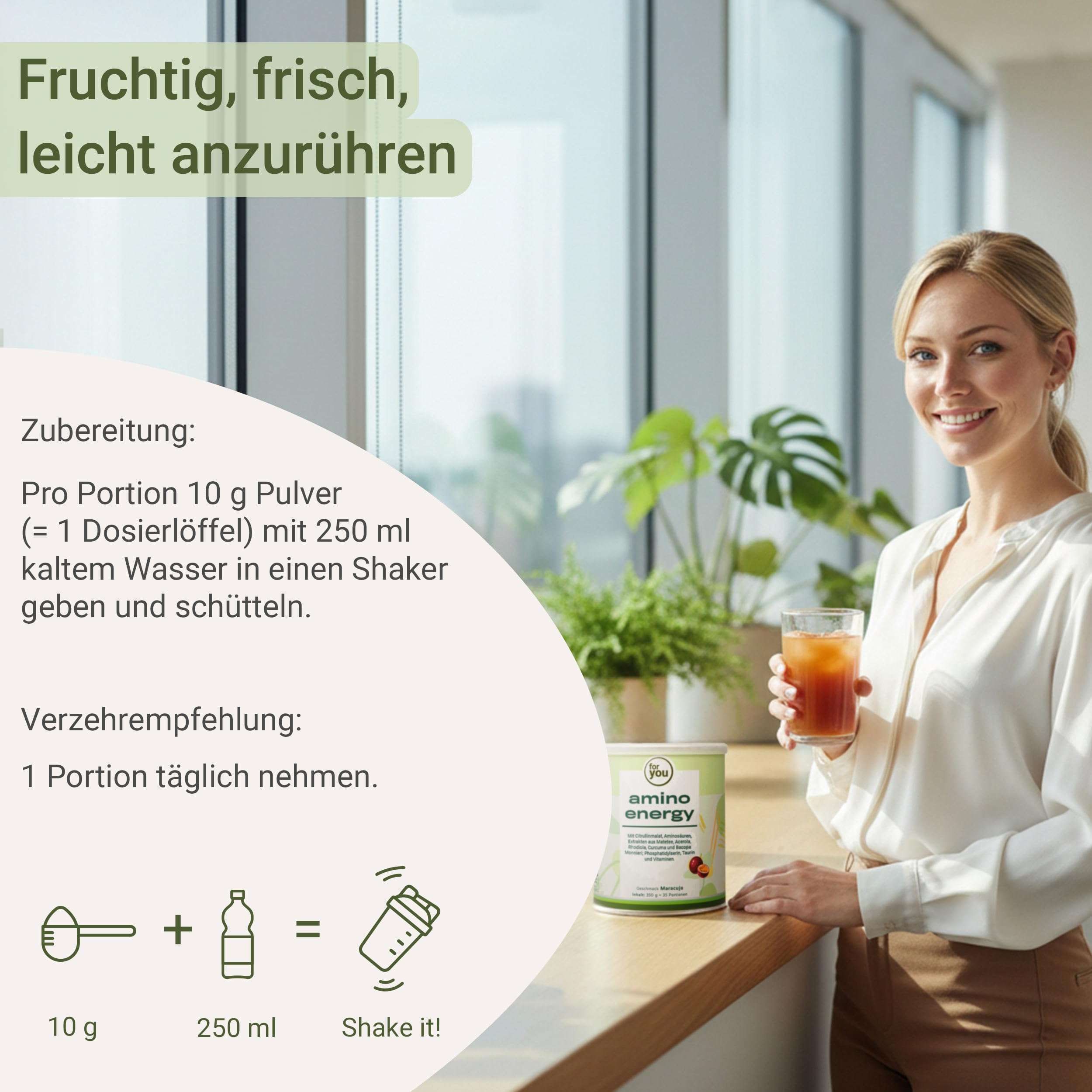 for you amino energy Maracuja - Pre-Workout-Booster - 350g Aminosäuren Pulver mit Citrullin Malat, Dextrin, L-Tyrosin, Taurin, Koffein aus Mate-Tee Extrakt - für mehr Energie Konzentration
