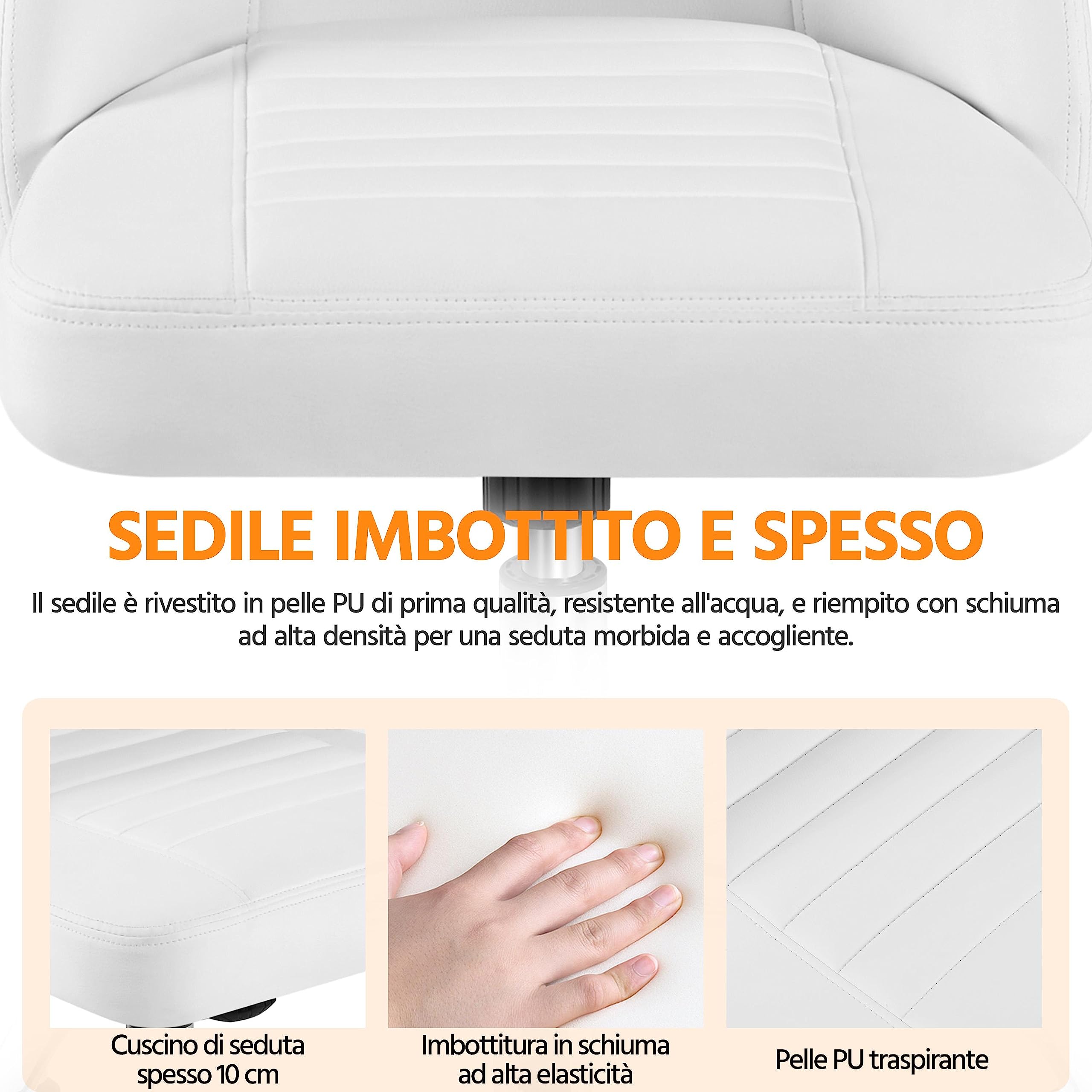 Yaheetech Sedia Ufficio Scrivania Cameretta Bianca Senza Braccioli Ergonomica Reclinabile Imbottita in Finta Pelle con Rotelle Girevole Altezza Regolabile Portata 136 kg