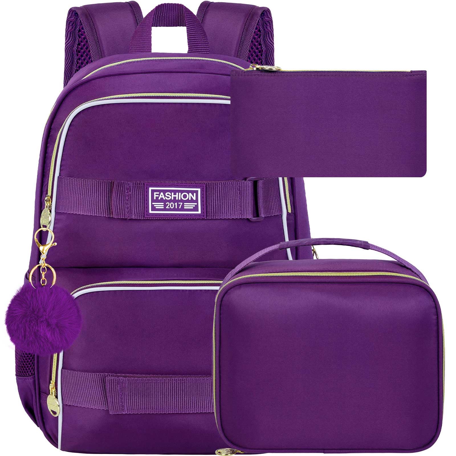 HPJGD 3PCS Girls School Backpack, 17" Water Resistant School Bag with Lunch Box, Cute Purple Bookbag Set for Women College Teenagers High Middle