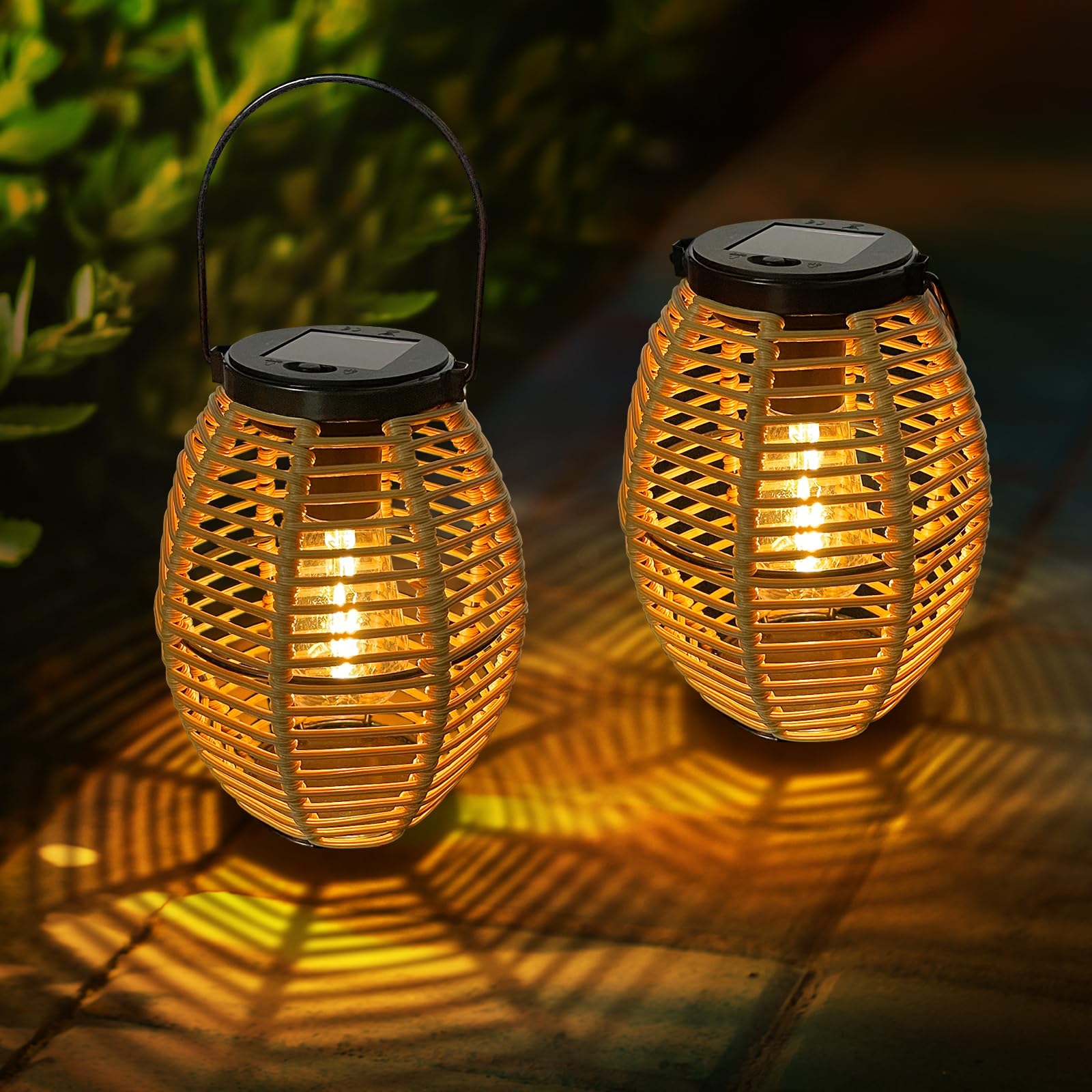 Bseical Lanterne Solaire Exterieur Jardin - 2 Rotin Lampe Solaire Exterieur, IP44 Étanche Lumiere Solaire Exterieur Lampadaire de Style Bohème, Suspendre/Perchées pour Table Cour Jardin Decoration