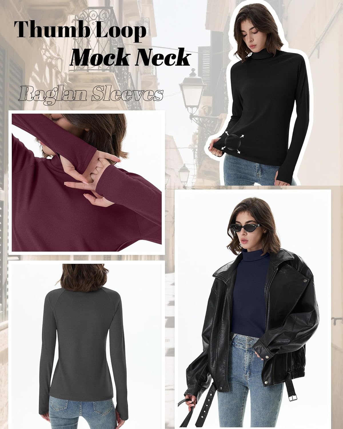 4 Pack Women's Turtleneck Shirts with Thumb Holes Long Sleeve Thermal Tops Elastics Slim Fit Underwear - Image 5