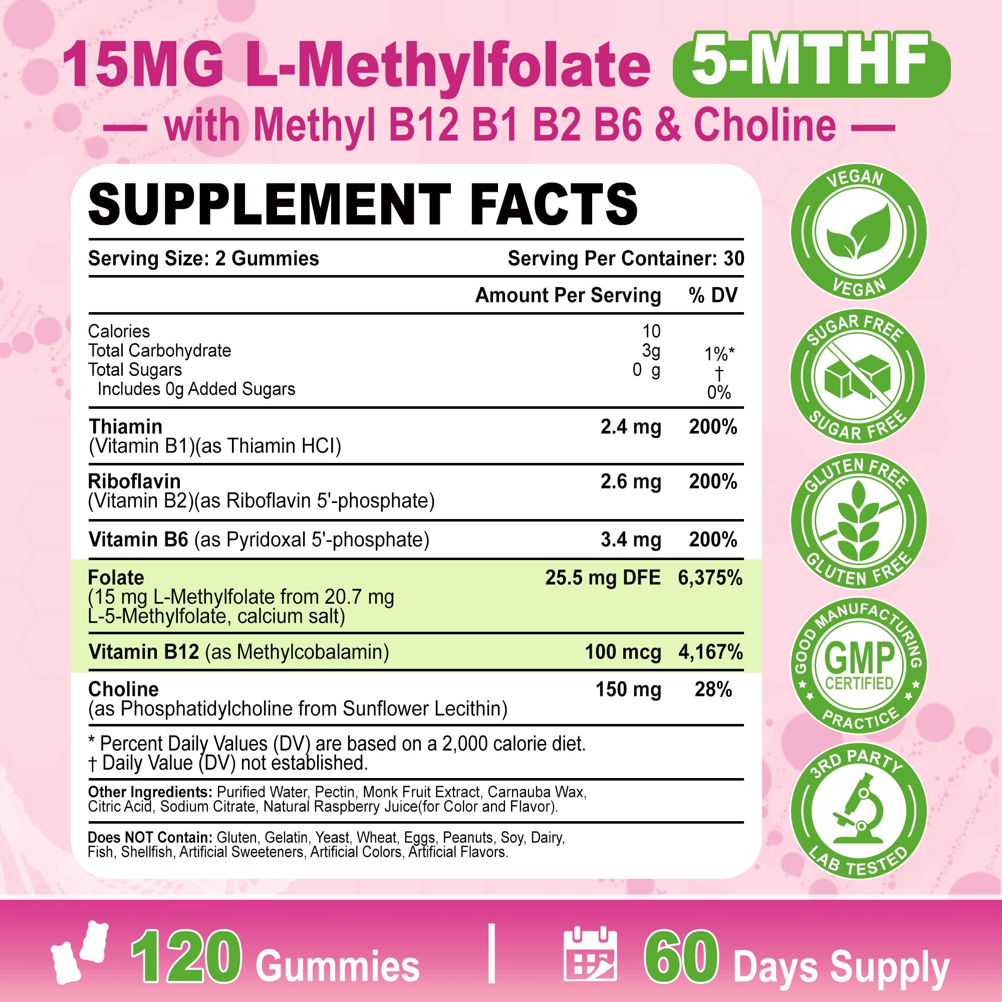 2 Pack L-Methylfolate 15mg Gummies & Methyl B12, High Absorption Active Folate 5-MTHF Supplement for Cognition, Mood & Immune, Sugar Free, Vegan, Non-GMO, Raspberry Flavor, 120 Count — Amazon image 7