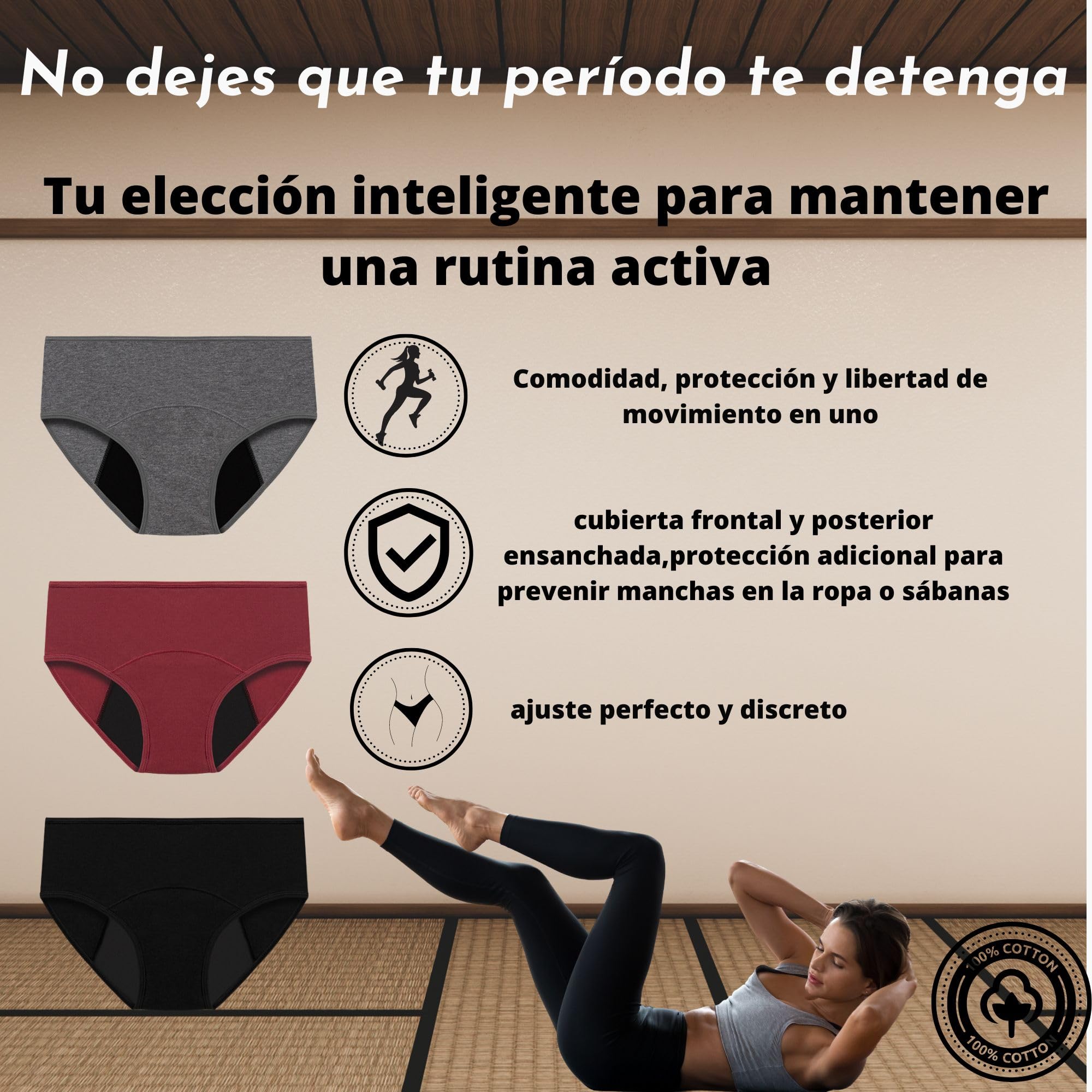 Bragas Menstruales Flujo Abundante, Pack de Periodo Menstrual, Bragas Postparto Mujer, Absorbentes, Lavables, Cómodas y Transpirables, Pack de 3 Bragas menstruales 2 compresas y bolso (S)