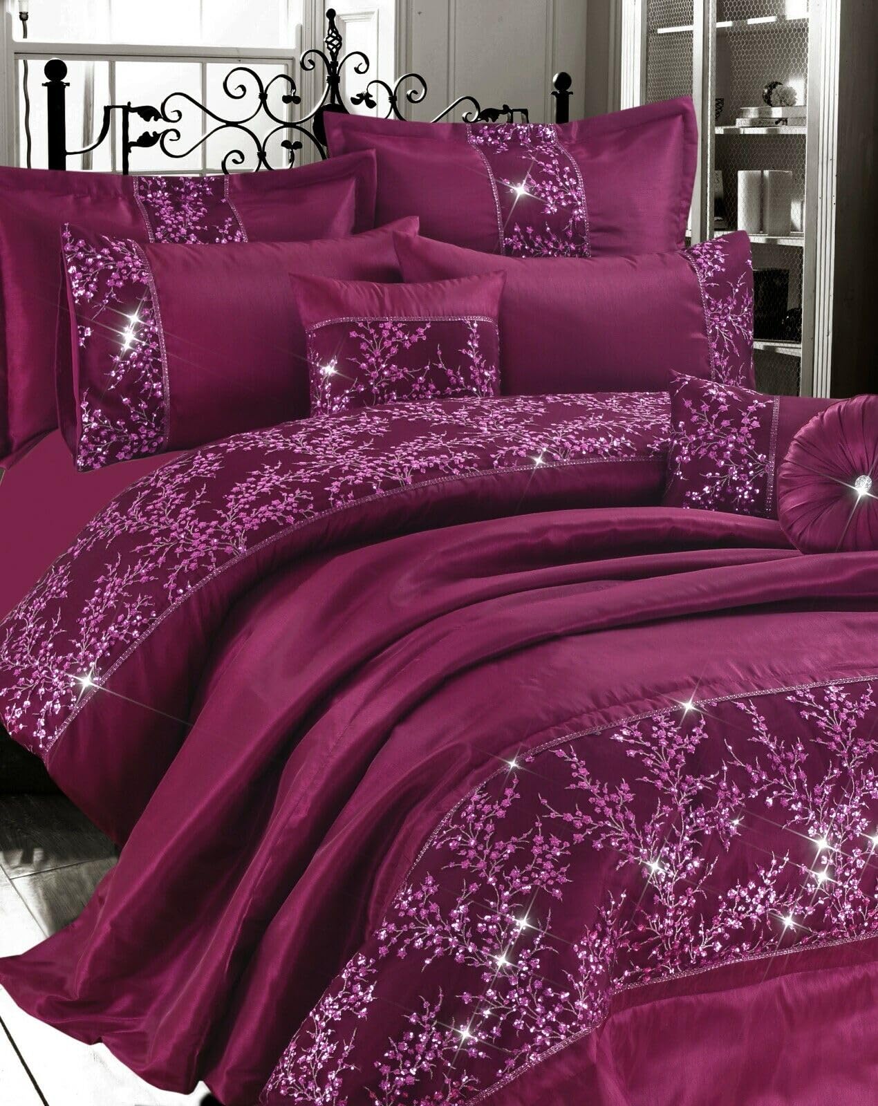 Axcent Comfort Gigi King Size Embroidered Duvet Covers Set Plum Satin Silk Soft King Bedding 3 Pcs Duvet Set Quilt Sparkle Diamante Panel Style Duvet Cover with 2 Pillowcases
