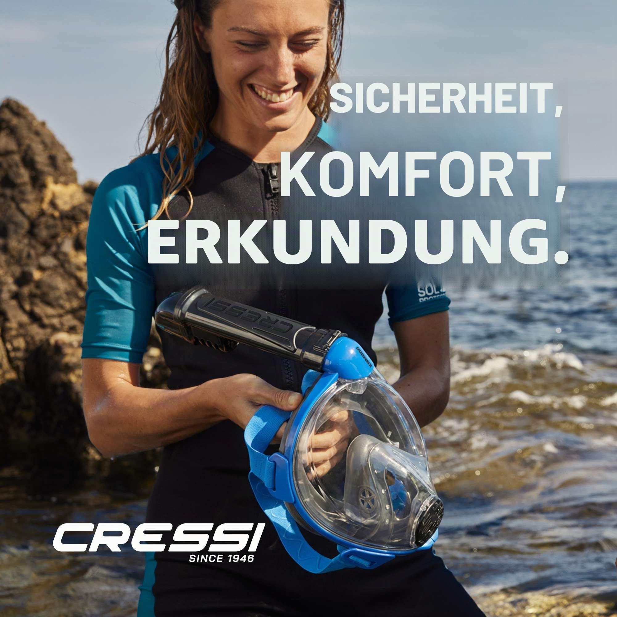 Cressi Schnorchelmaske Vollgesichtsmaske - 180 Grad Panoramasicht - CO2 Sicher - Dry-System mit seitlichem Schnorchel - Verstellbare Bänder für Schnorchelmaske für Erwachsene
