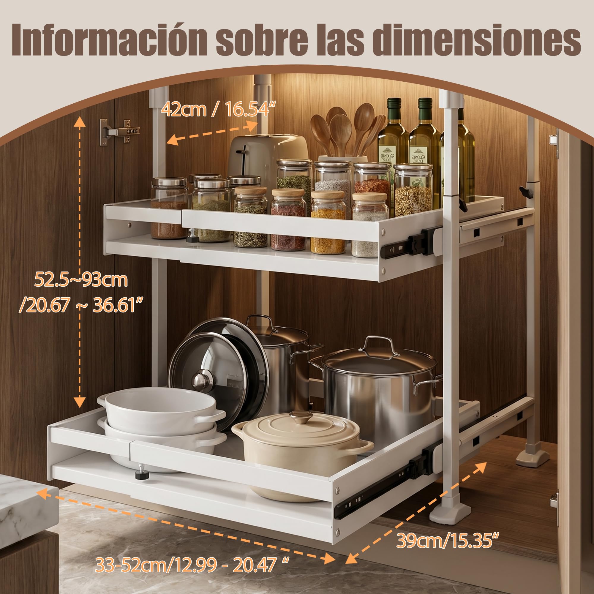 AQRA Pack 2 Cajones Telescópicos Metálicos sin Taladrar, Blanco | Altura 52,5–93cm, Ancho Regulable 33–52cm, Organizador Para Armarios de Cocina y Baño
