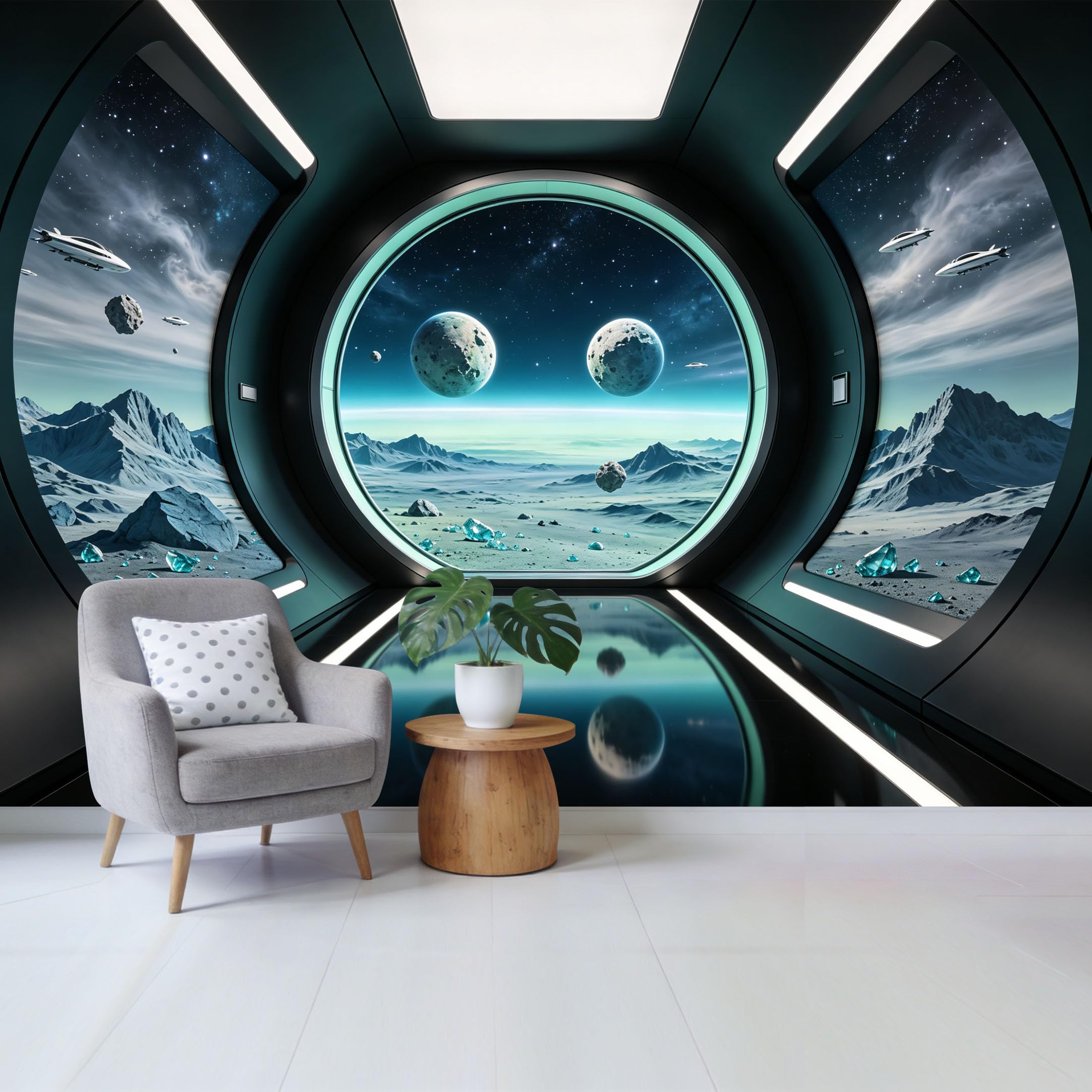 Custom Size Wall Mural SciFi Space Window Cosmic Planet Mountain View Removable Self Adhesive Fabric，Home Wall Decor for Living Room Bedroom Bathroom 3D Modern