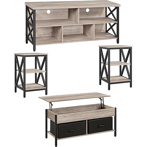 Yaheetech 4 Pieces Living Room Table Sets - Includes TV Stand with Storage for 65 in TV, Lift-top Coffee Table with Baskets, 2 Set End Side Table for Home, Gray