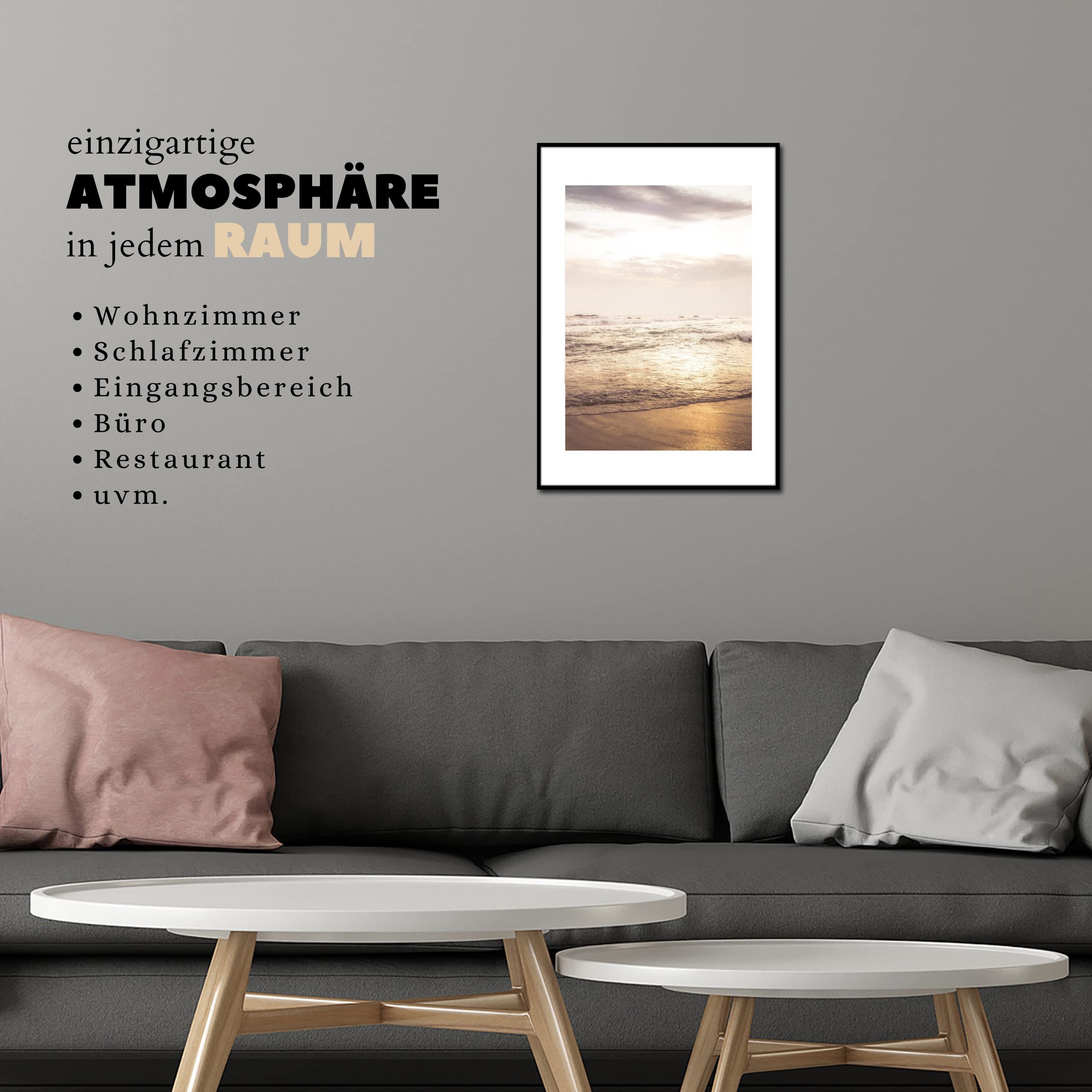 Rahmenbild Gold Coast | Artbox Wandbild | Bild mit Rahmen schwarz | Meer Strand Urlaub Sonnenuntergang Sonne Himmel Sand Wellen Küste | Wohnzimmer Schlafzimmer Büro | orange blau weiß | 50 x 70 cm