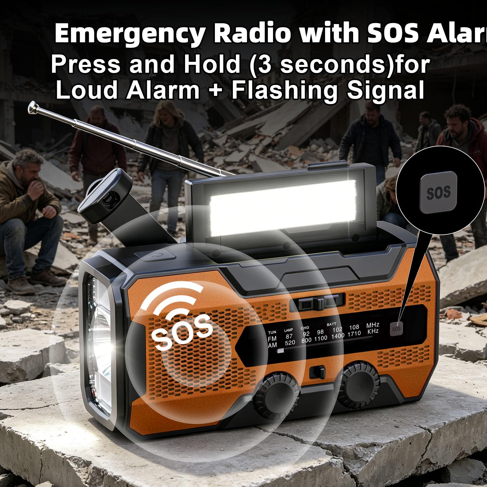 SOLARBABY A1 Radio a manovella, Radio Solare Portatile con 10000mAh Powerbank, AM/FM Radio di Emergenza Solare con Torcia Luce di Lettura Allarme SOS USB per Emergenze Blackout Campeggio, Arancione