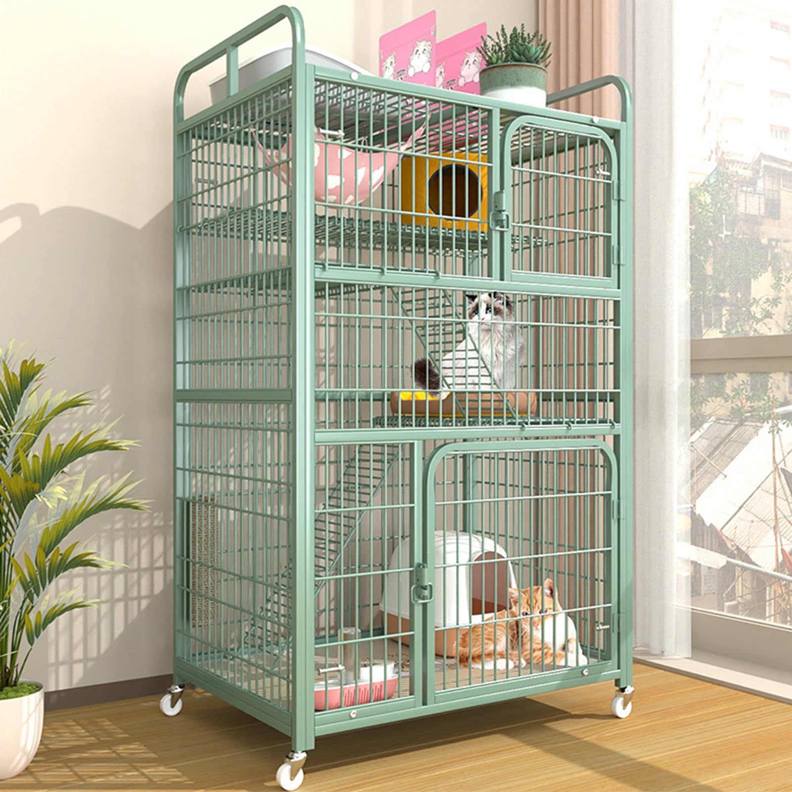 Harela One Color 3/4-Tier Cat Cage Indoor Enclosure, Large Catio For Cats Indoor Outdoor Enclosure On Wheels, Balcony Cat Playpen With Platforms, Ideal For Safe Play And Relaxation, Green(90 * 55 * 156Cm)