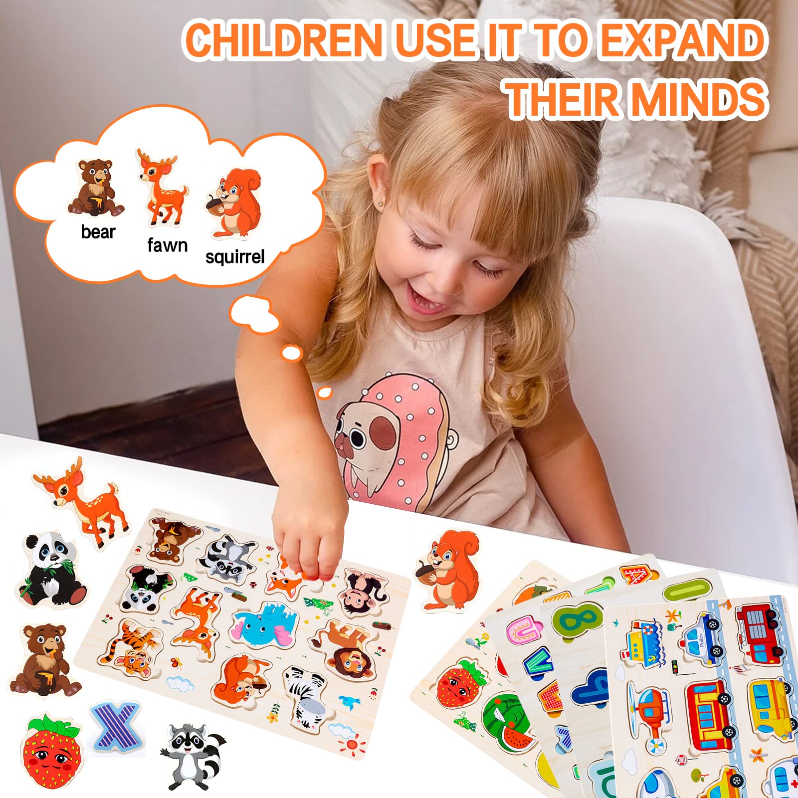 Purpledi 5 Pezzi Puzzle in Legno per i Bambini, Giochi Montessori Bambino, Educativo Giocattoli Regalo per 1 2 3 Anni, Animali Frutta Forme Lettere Numeri Traffico, Regalo Natale Ragazzi Ragazze (B)