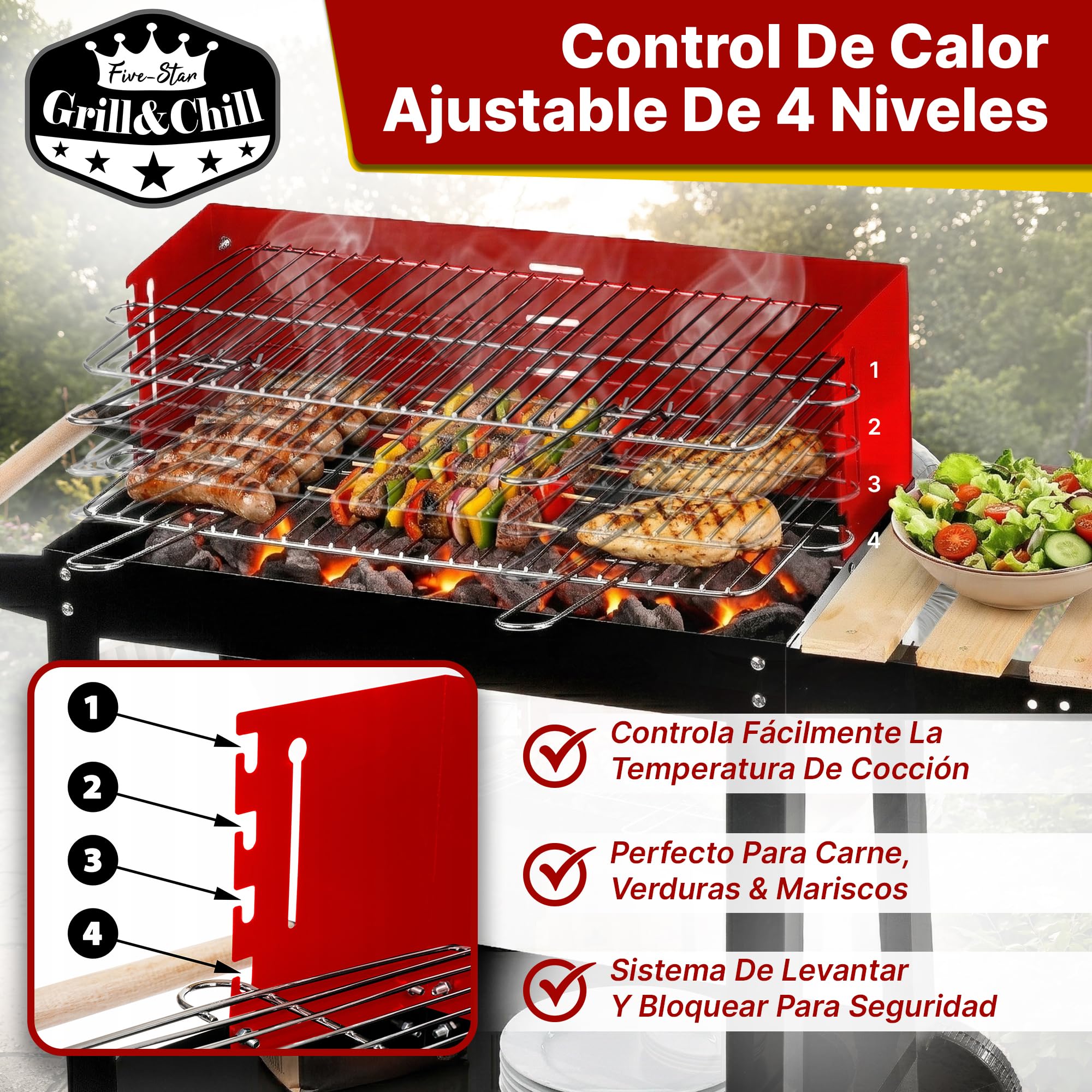 Five-Star Grill&Chill Barbacoa Carbon con Ruedas - para Jardín Exterior BBQ con Soportes Facil Movimiento, Estantes de Madera Plegable para Almacenar Comidas, parrilla cromada 50 × 26,5 cm, GC0010