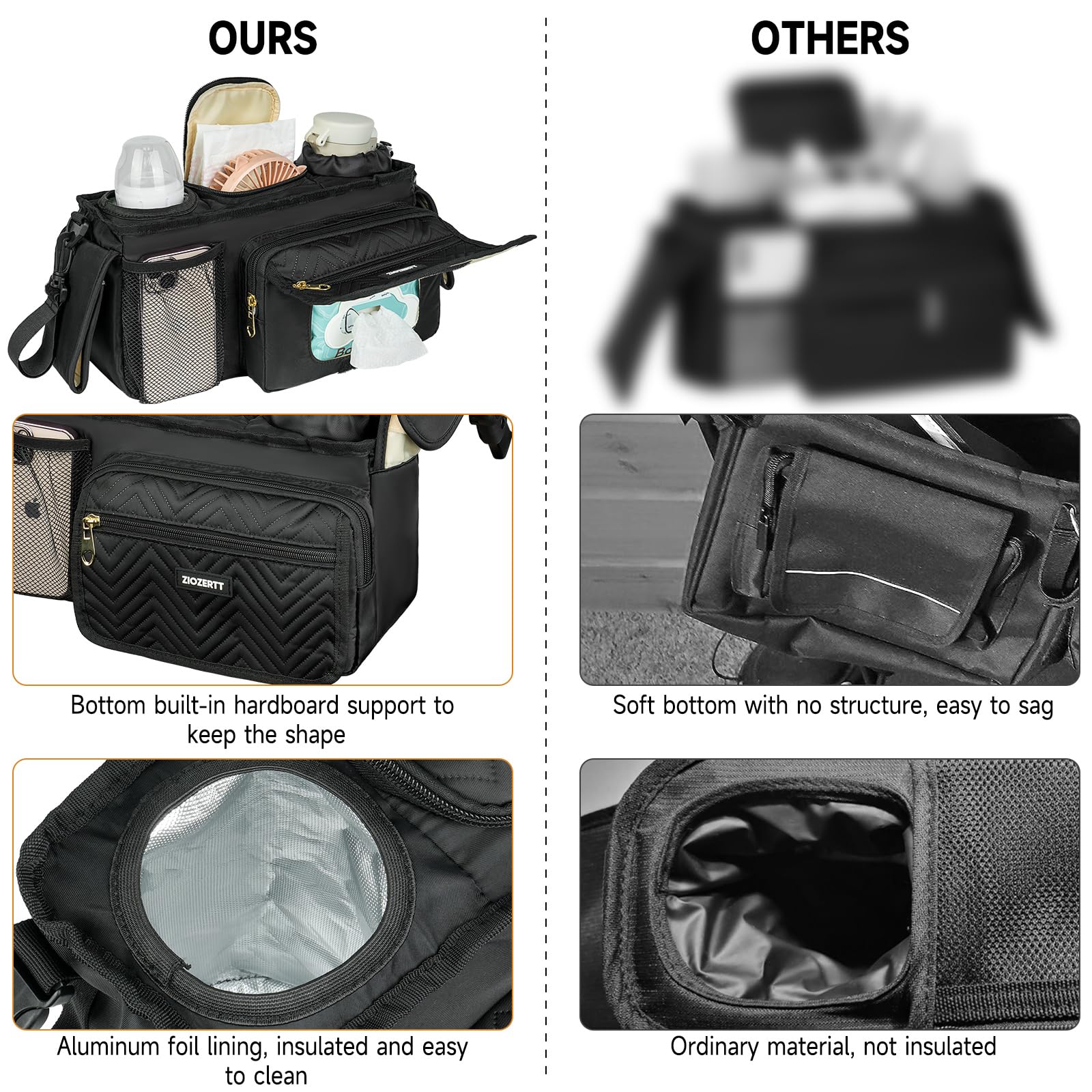 Universeller Kinderwagen-Organizer mit isoliertem Getränkehalter, Kinderwagen-Caddy Tasche mit Feuchttücher-Tasche, Kinderwagen-Zubehör, passend für Uppababy, Doona, Jogger, Britax, Mompush