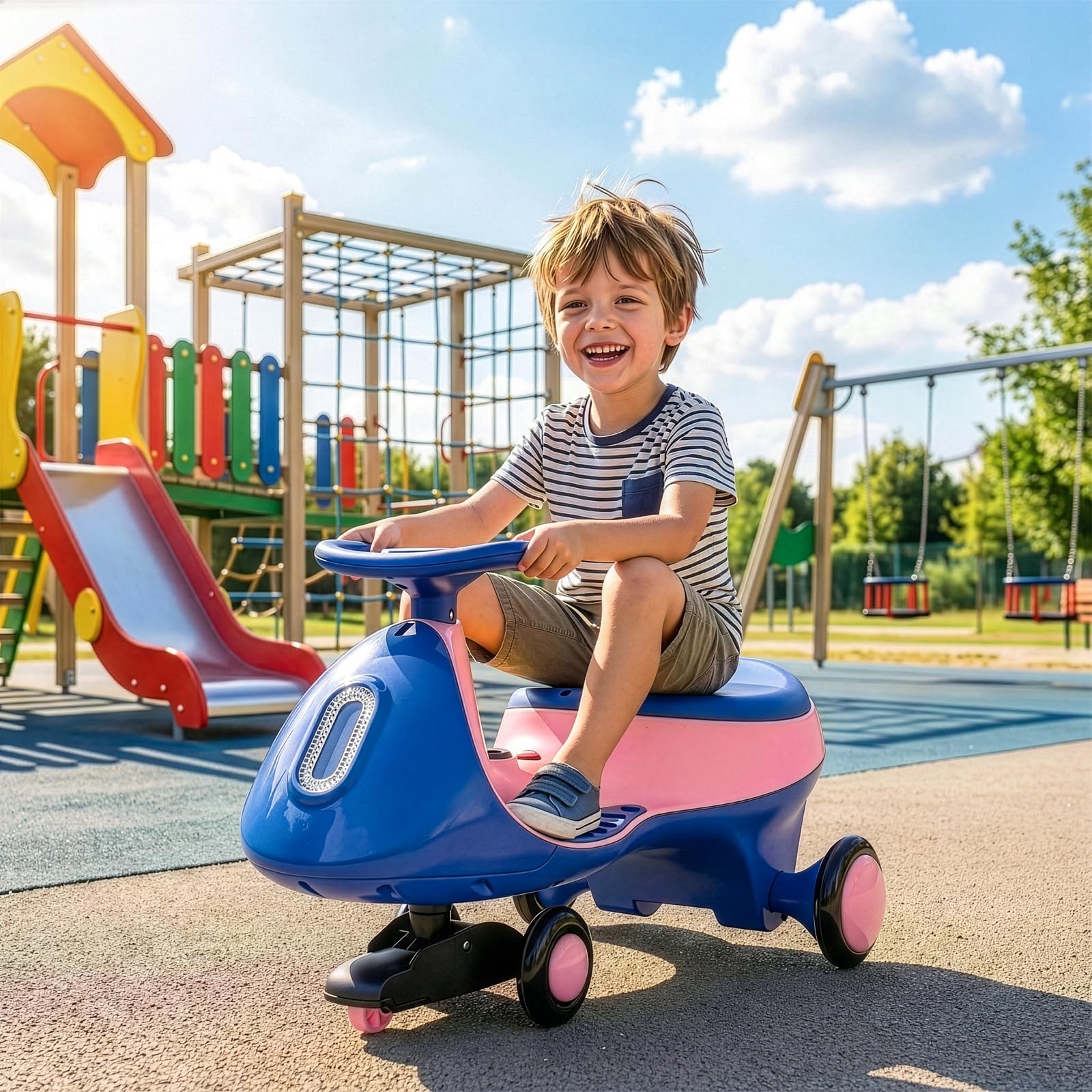 LALAHO Macchina Elettrica Per Bambini 12 V con Pedale, Auto Elettrica con 2 Velocità, Luci LED, Bluetooth, Protezione Antiribaltamento, 3 Anni in su (Blu-rosa)