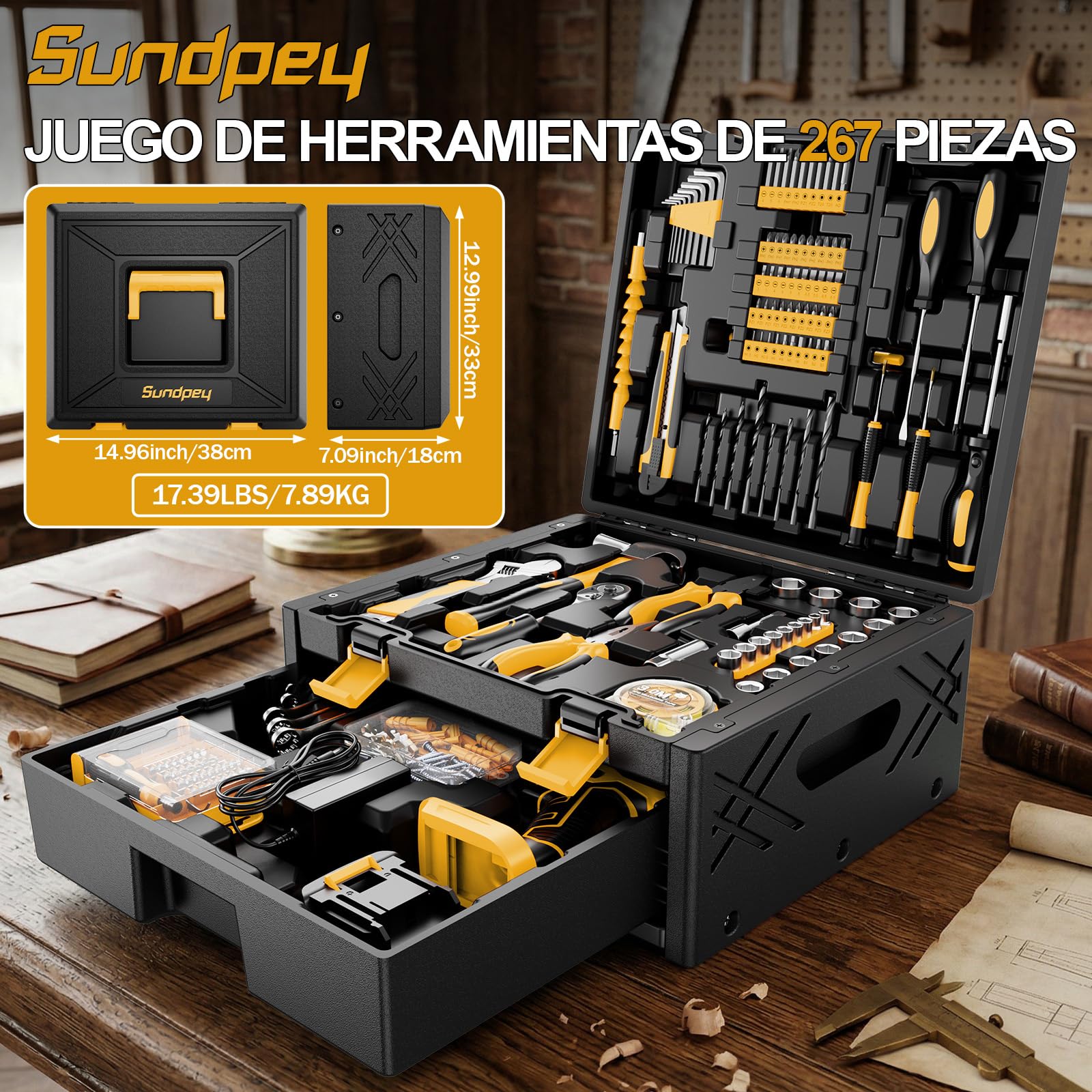 Caja de Herramientas 267 Piezas con Taladro Inalámbrico 21V, Taladro Atornillador y Batería 2.0 Ah, Juego Herramientas Eléctricas y Manuales para Bricolaje en Hogar, Maletín Organizador con Cajones