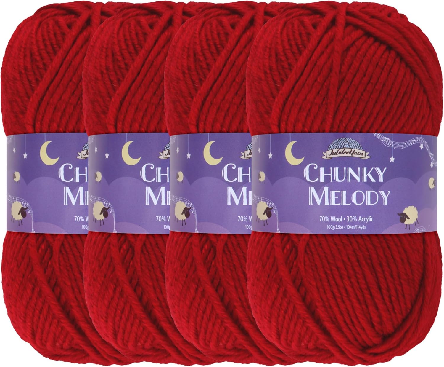JubileeYarn Chunky Melody Yarn - 100g/Skein Bulky Wool Blend - Ruby Red - 4 Skeins