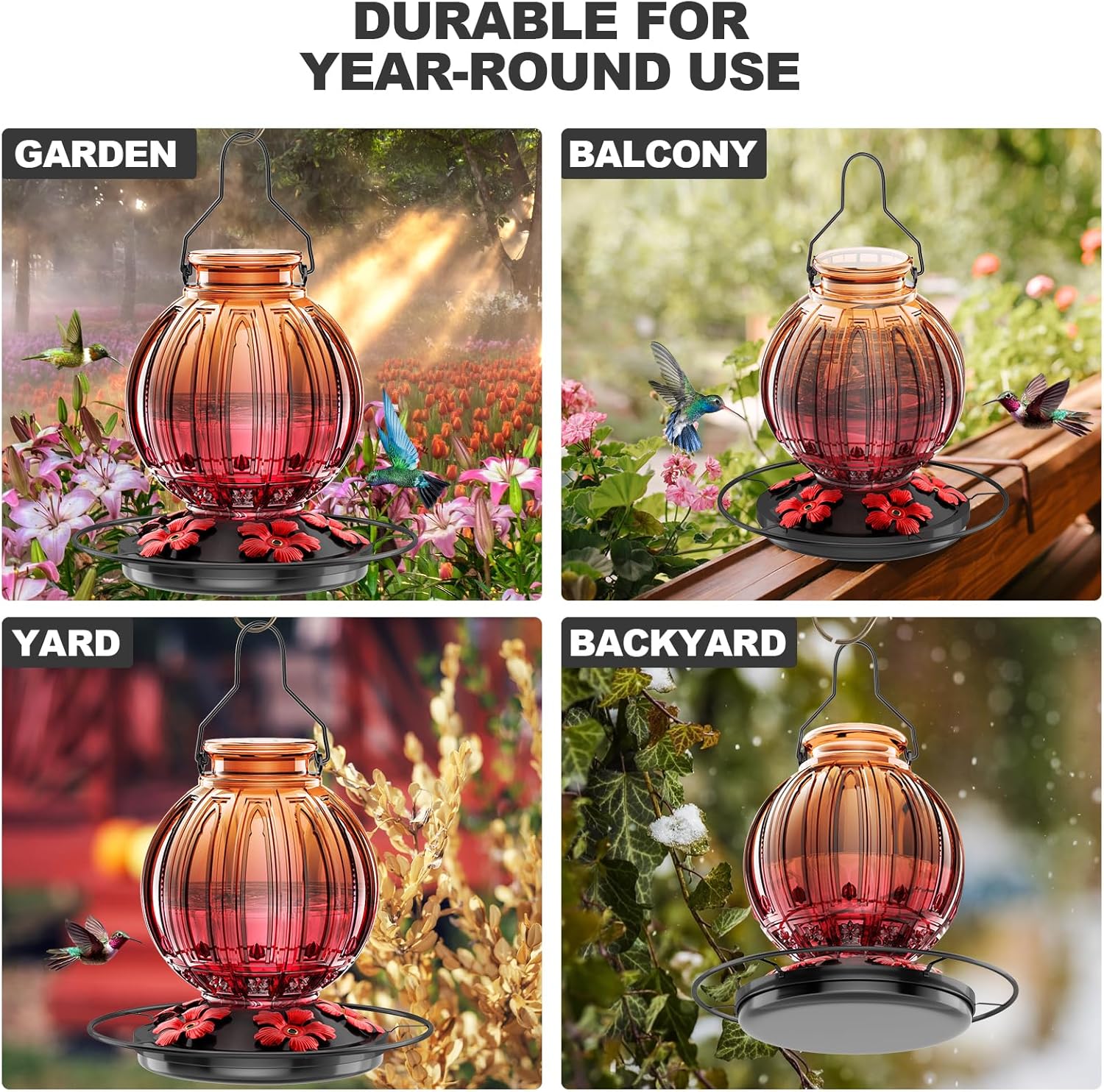 Glass Hummingbird Feeder for Outdoors Hanging, 26Oz Bird Nectar Feeder with Perch & 5 Flower Feeding Ports, Leak Proof for Outside Garden Decor Backyard, Gifts for Women Mom, Clear & Red - Image 6